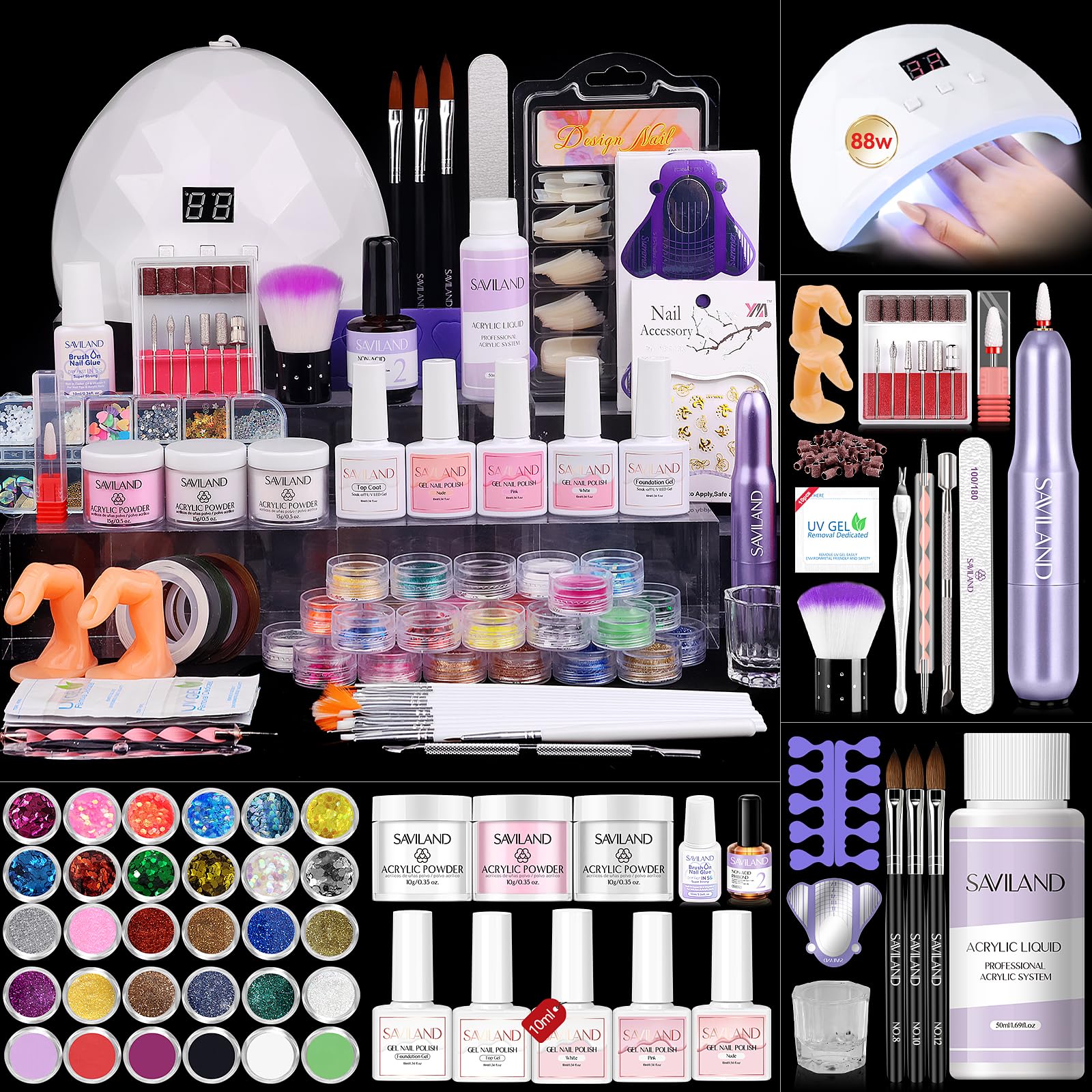 SAVILAND Professional Acrylic Nail Kit with Electric Drill - Complete DIY Manicure Set for Beginners (Includes Acrylic Powder, Monomer Liquid, Gel Polish, Nail Decorations & UV Light) - Perfect for Home Salon & Nail Art Enthusiasts