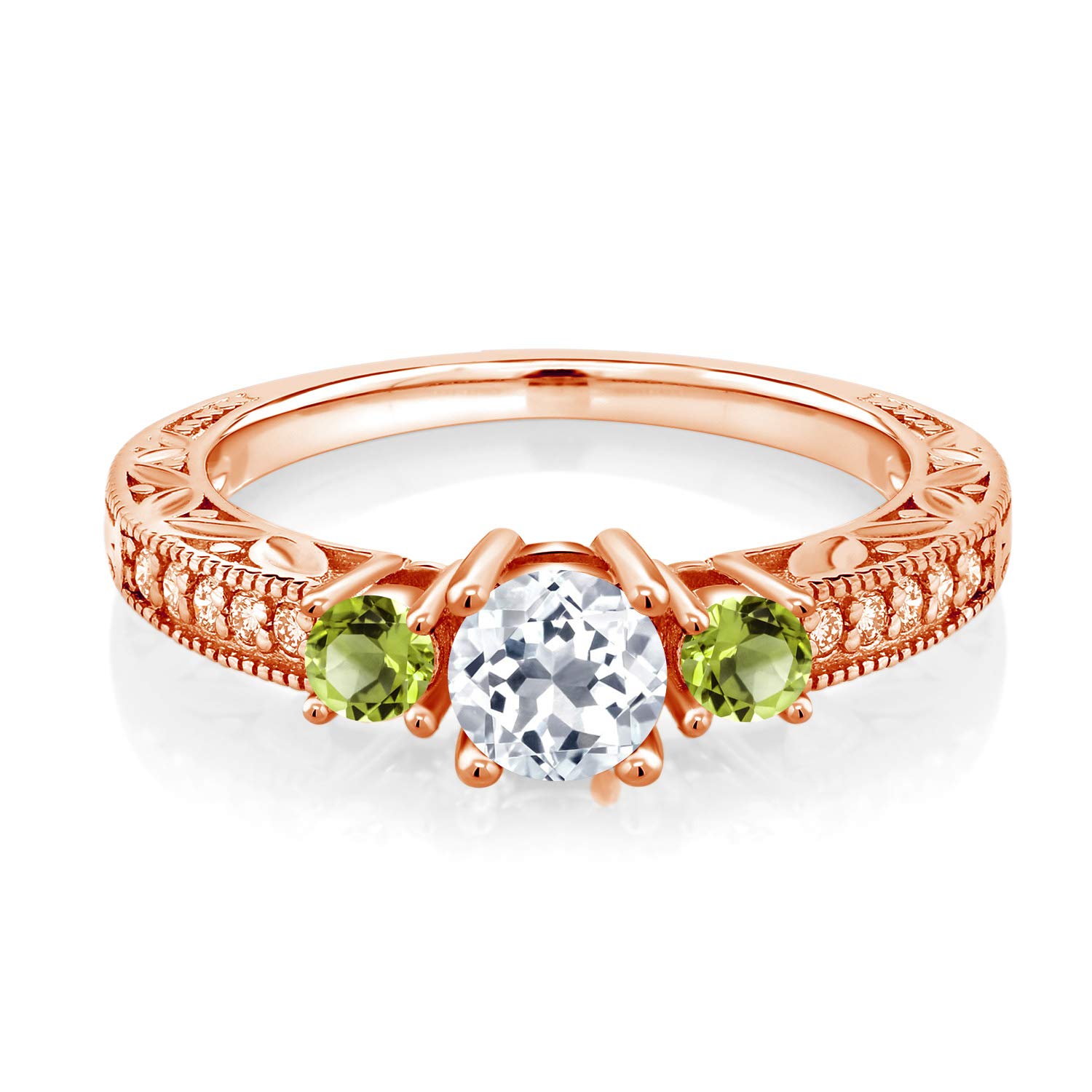 0.97 Ct Round White Topaz & Green Peridot Gemstone Ring in 18K Rose Gold Plated Sterling Silver - Elegant Jewelry for Women, Perfect for Weddings, Anniversaries & Special Occasions