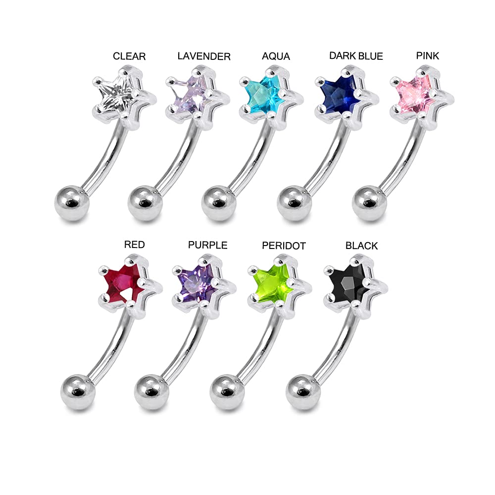 AZARIO LONDON Light Blue Star CZ Stone Sterling Silver 16G Surgical Steel Banana Eyebrow Bar Piercing - Perfect for Eyebrow Piercing Jewelry, Body Modification & Alternative Fashion