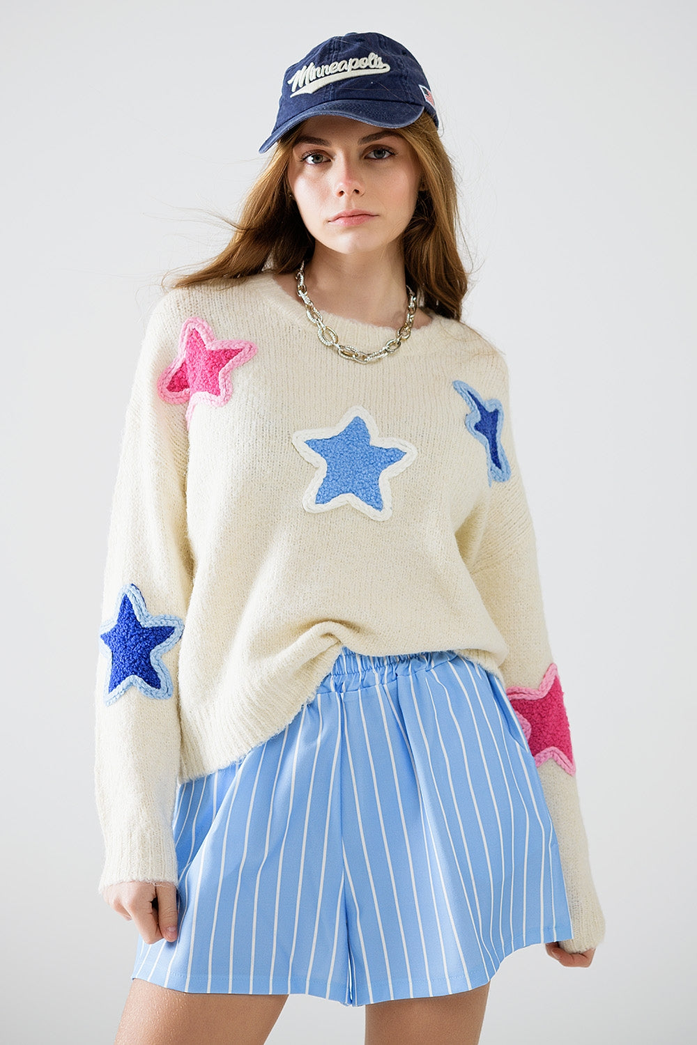 Embroidered Star Pullover Sweater - Women's Casual Knit Top for Fall & Winter | Cozy Office Wear & Weekend Outfits