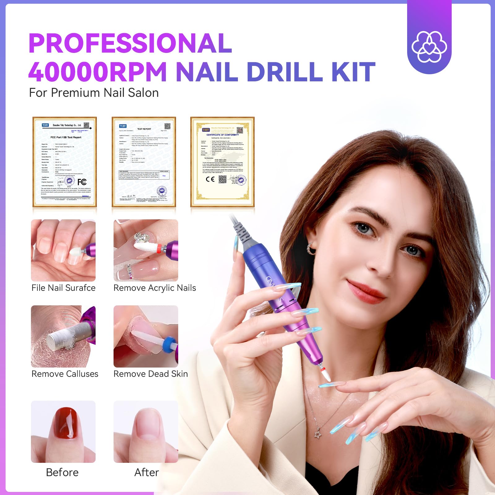 SAVILAND Professional Nail Drill Machine 40000RPM - Portable Electric Nail File for Acrylic Nails Removal, Manicure & Pedicure | Long Battery Life, Perfect for Home Nail Salon & DIY Nail Art | Fast, Safe & Easy to Use for Beginners & Professionals
