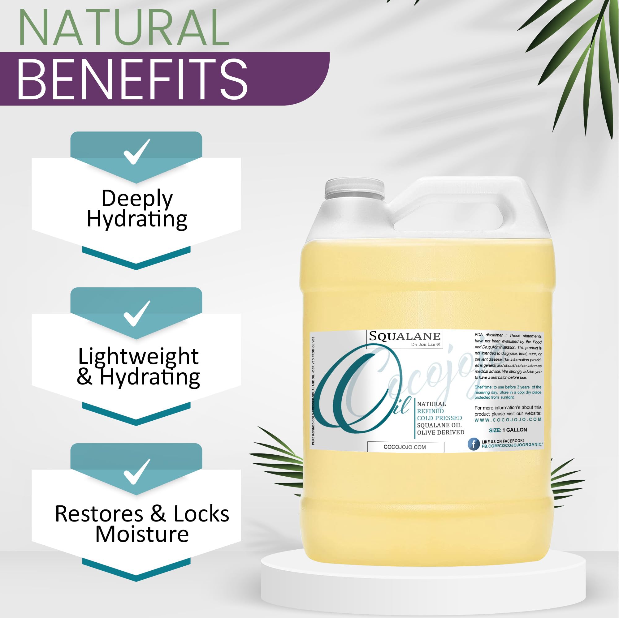 Pure Plant-Derived Squalane Oil from Olives - Cold Pressed, Vegan, Undiluted Carrier Oil for Face, Skin, Hair & Body - Natural Moisturizer & Cleanser - 128 oz (1 Gallon) - Perfect for DIY Cosmetics, Skincare & Haircare Routines