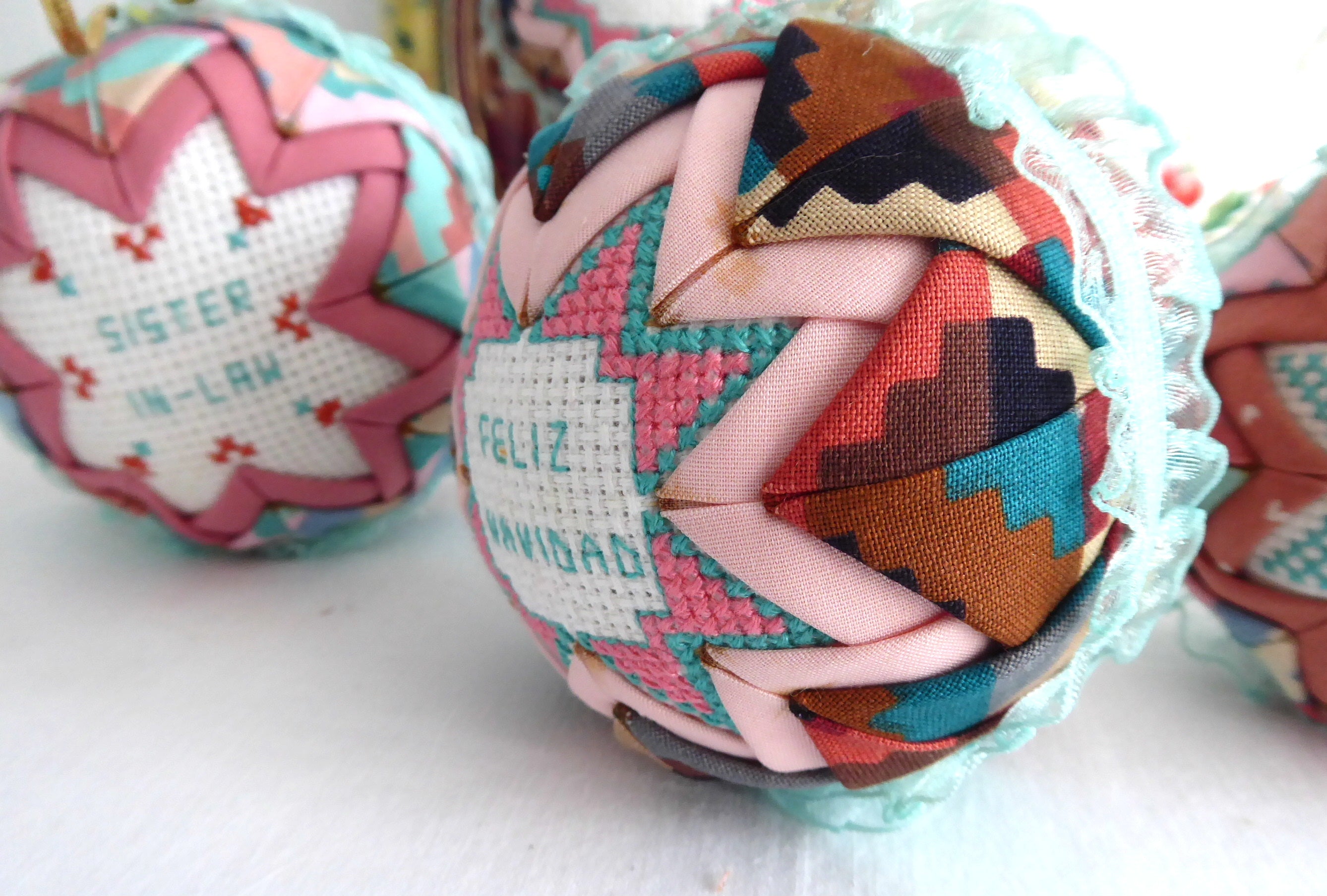 Handmade Cross Stitch Christmas Ornaments Set of 5 - Aqua, Salmon Pink & Burgundy Patchwork Decorations for Holiday Tree, Gift Giving & Festive Home Decor