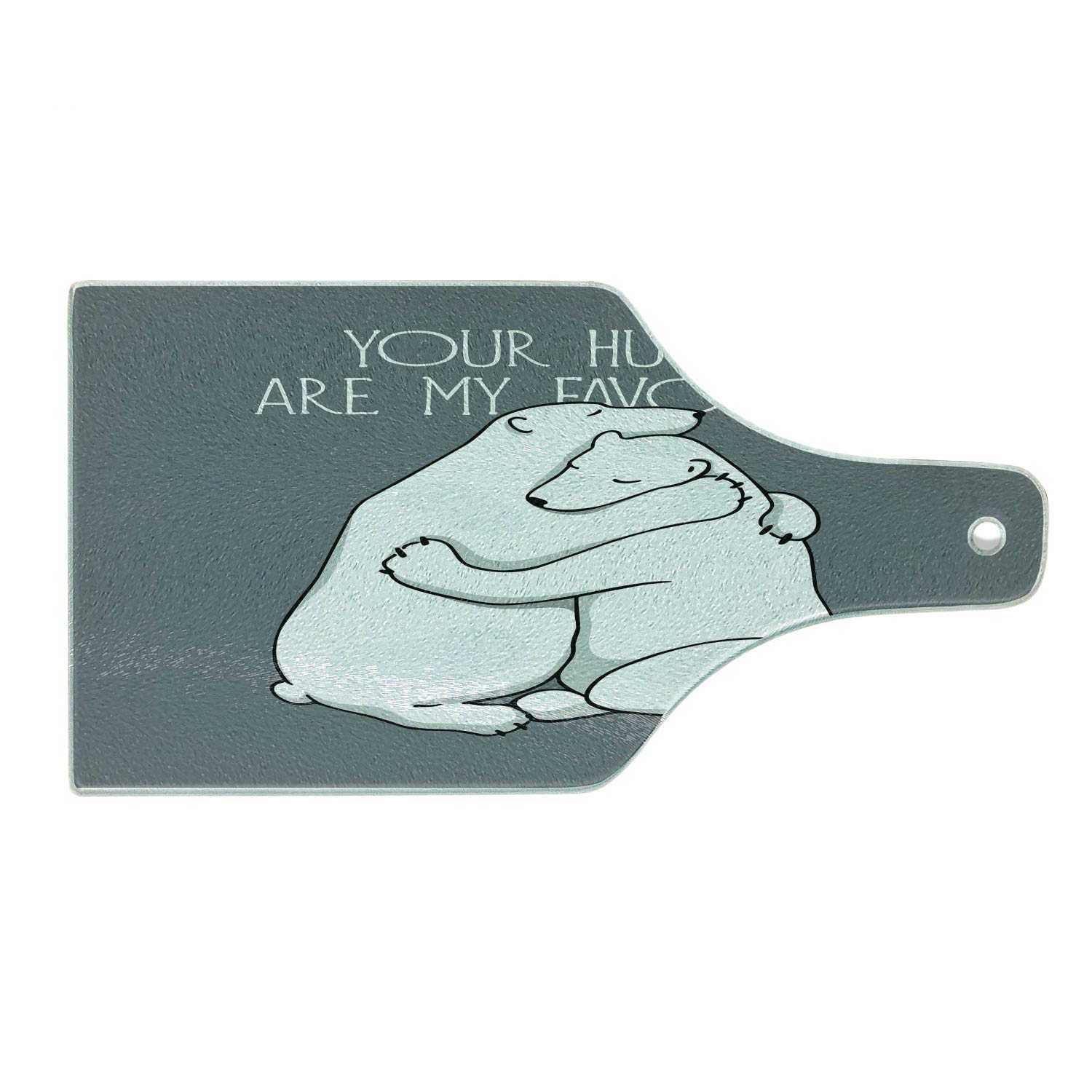 Ambesonne Bear Themed Valentine's Glass Cutting Board - Polar Animal Romance Design with 'Your Hugs' Lettering, Blue Grey White Wine Bottle Shape Serving Board for Kitchen, Dining & Gift Giving