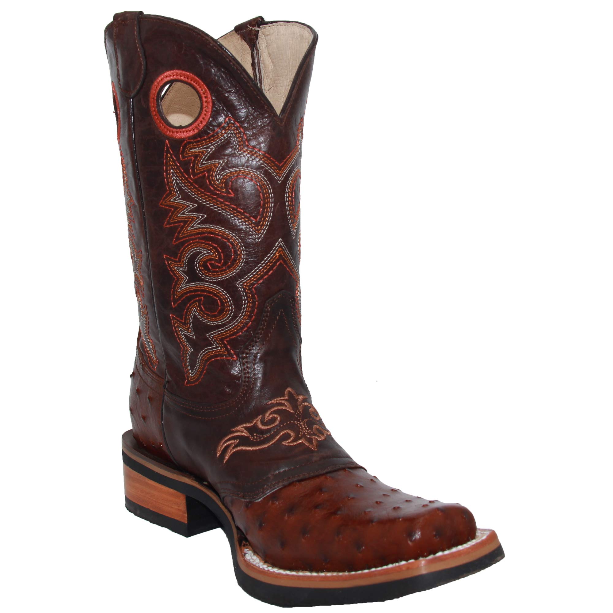 **Men's Genuine Cowhide Leather Square Toe Ostrich Quill Print Western Cowboy Boots – Durable & Stylish for Rodeo, Country Dance & Casual Wear**