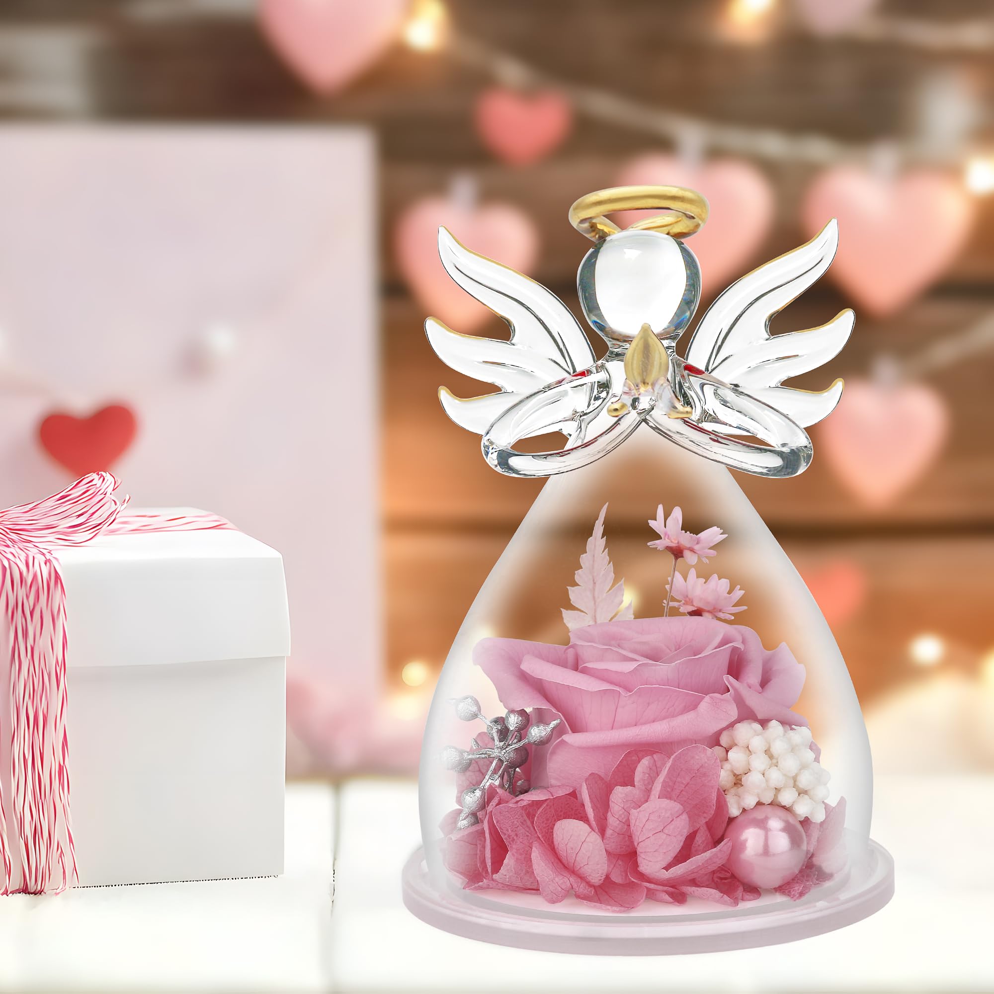 Preserved Rose in Glass Angel Figurine - Pink Flower Gift for Mom, Grandma, Wife, Sister - Perfect for Mother's Day, Birthday, Anniversary, and Home Decor