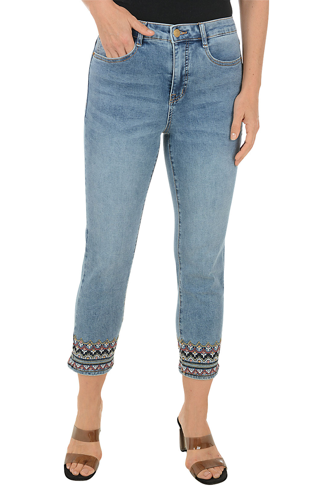 Stylish Women's Zigzag Embroidered Denim Crop Pants - High Waisted Distressed Jeans for Casual Outfits & Summer Fashion