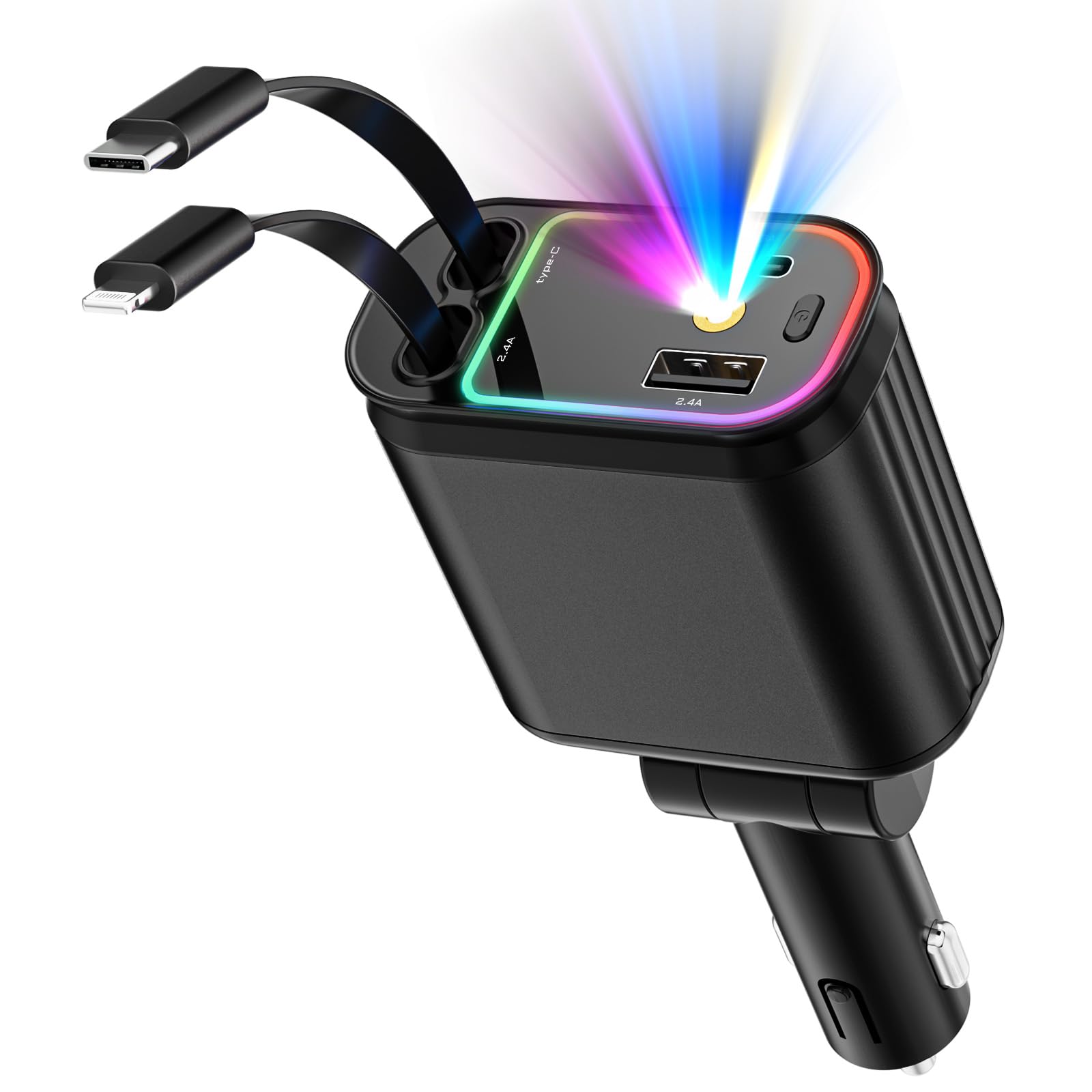66W Fast Car Charger with Starlight - 4-in-1 Retractable USB C Car Adapter with 2 Ports - Compatible with iPhone 16/15/14/13/12/11 & Android Phones (Black) - Perfect for Road Trips & Daily Commuting