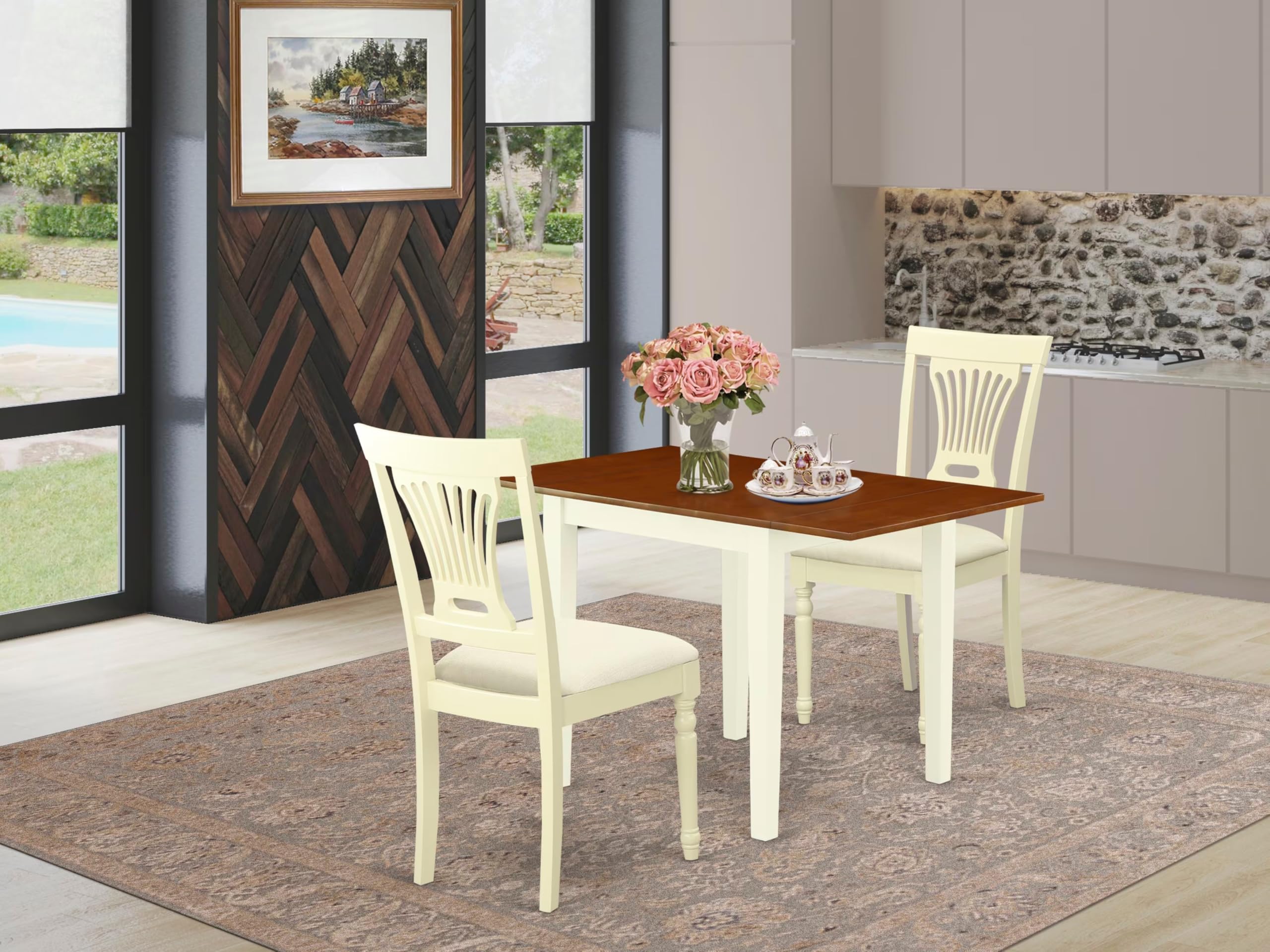East West Furniture NDPL3-WHI-C 3-Piece Small Space Kitchen Table Set with Drop Leaf Rectangle Table & 2 Linen Fabric Dining Chairs, 30x48 Inches, Buttermilk & Cherry - Perfect for Apartments, Breakfast Nooks, and Cozy Dining Areas