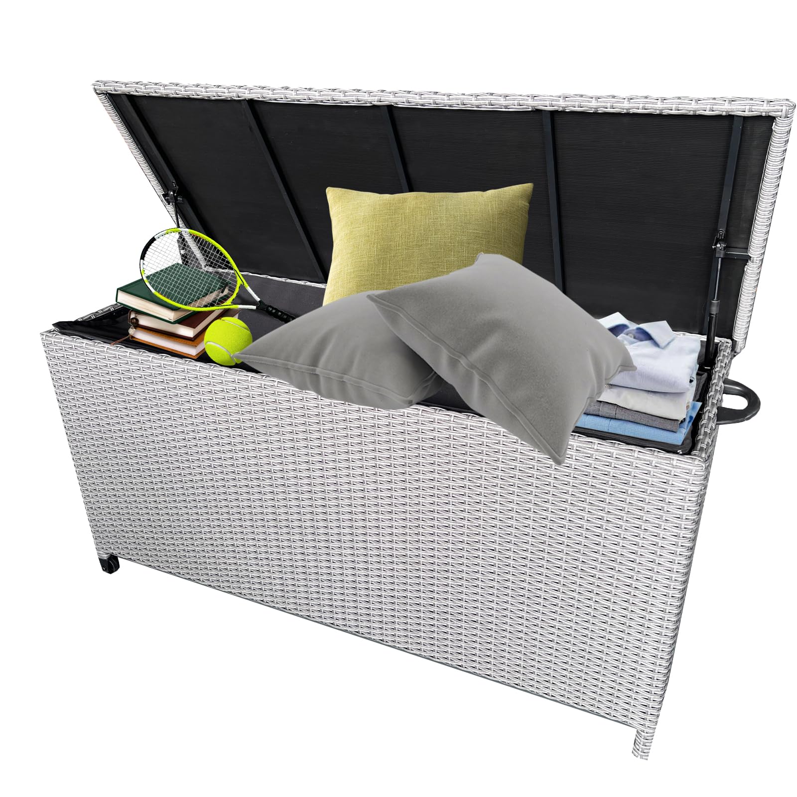 **PioneerWorks 120 Gallon Large Wicker Deck Box - Waterproof Outdoor Storage with Wheels, Rattan Storage Bench for Patio, Backyard, Garden & Pool Supplies - Perfect for Cushions, Tools & Seasonal Items**