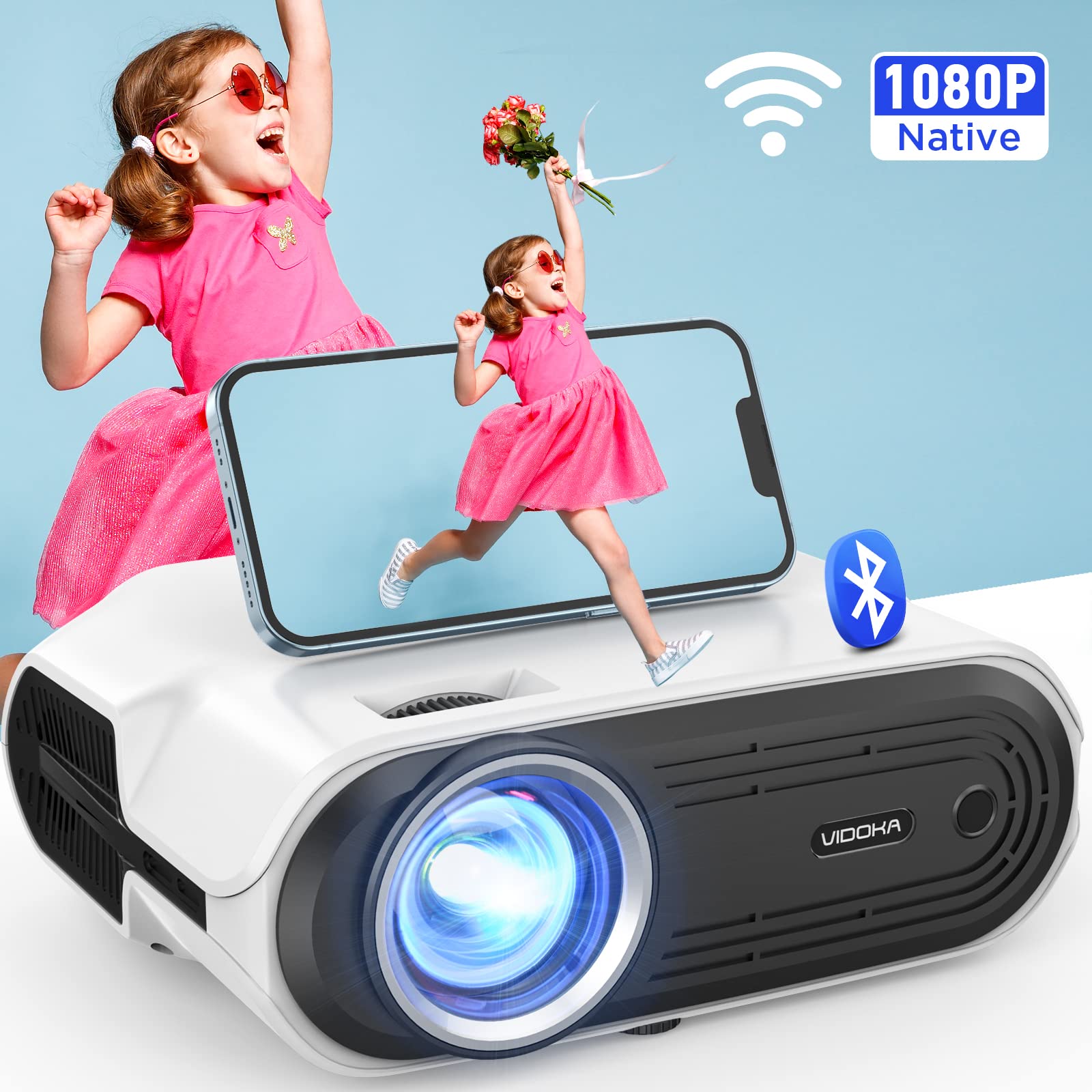 VIDOKA WiFi Bluetooth Projector 8000L Native 1080P HD Home Theater Projector - Wireless Screen Mirroring for iPhone/iPad/Samsung, 4K Support, Zoom Function - Compatible with Fire TV Stick/Laptop/PC - Perfect for Movie Nights, Gaming & Outdoor Camping