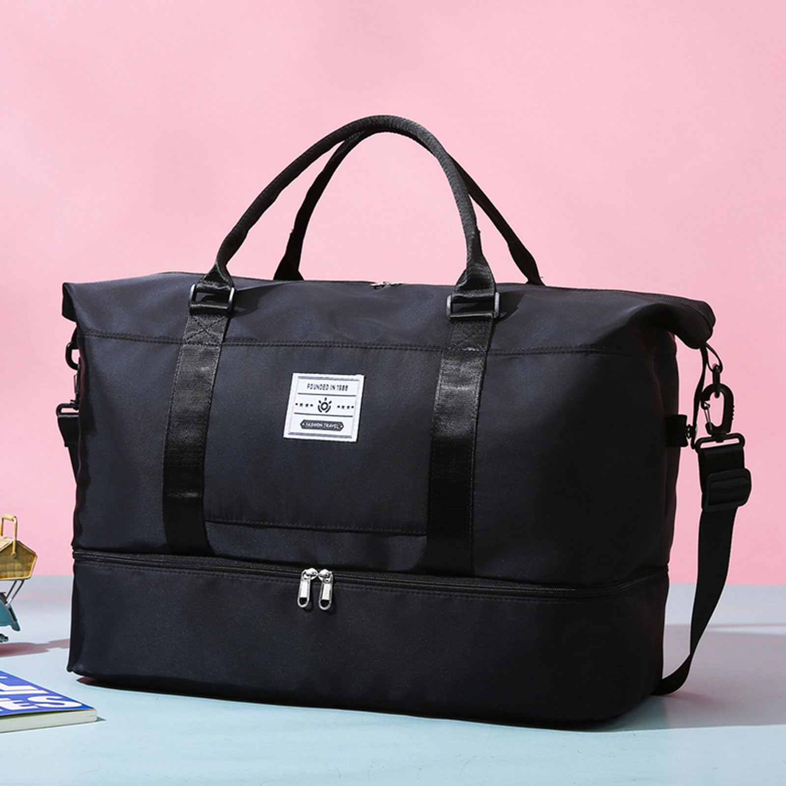 Valleycomfy Large Travel Duffel Bag with Shoes Compartment & Toiletry Bag - Waterproof Weekender Overnight Gym Bag for Men & Women - Perfect for Air Travel, Gym, Camping & Weekend Getaways (Black)
