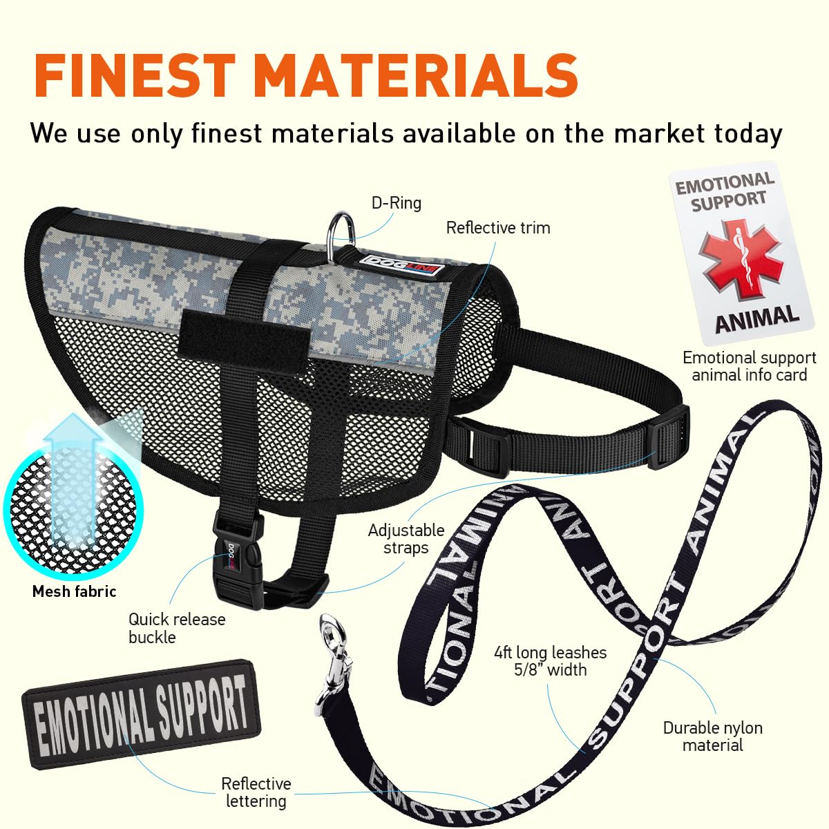 Adjustable Emotional Support Dog Vest Bundle with Harness, Reflective ESA Patches, Leash & ID Card - Service Dog Gear for Anxiety Relief & Public Access