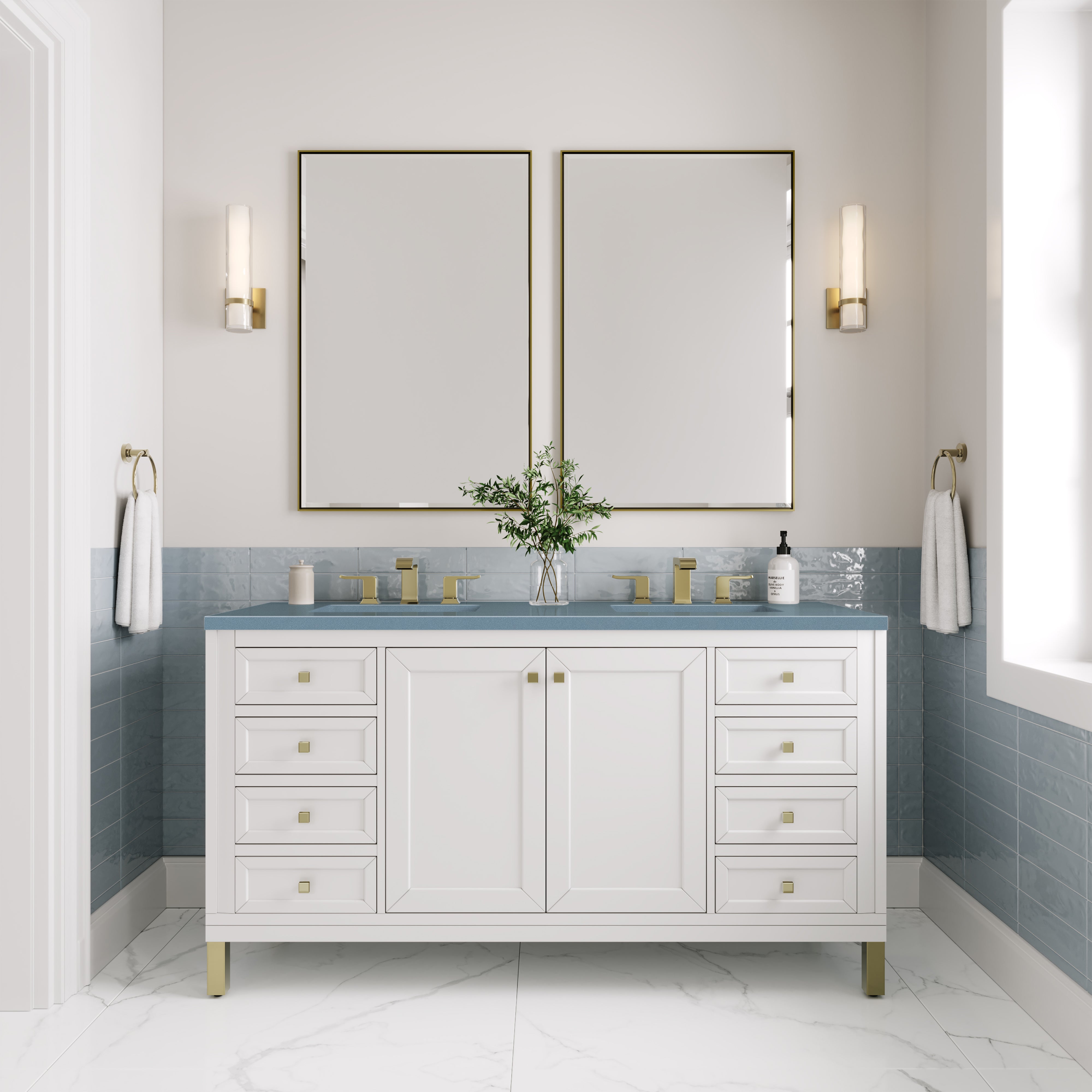 Chicago 60-Inch Double Bathroom Vanity with Glossy White Finish & 3CM Cala Blue Quartz Top - Perfect for Master Bathrooms, Guest Suites, and Modern Home Renovations