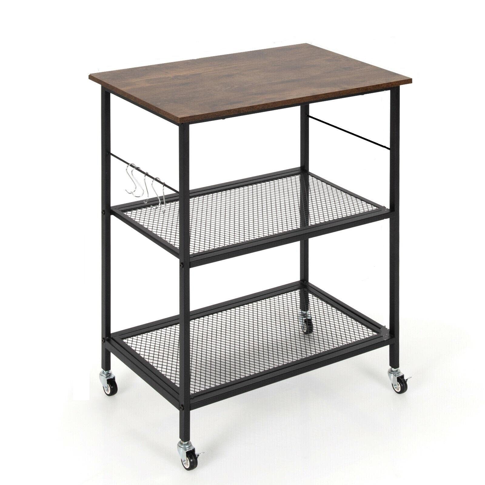 3-Tier Kitchen Serving Cart with Hooks - Sturdy Microwave Stand, Storage Organizer & Utility Shelf for Small Spaces | Perfect for Kitchen, Pantry, or Dorm Room Organization