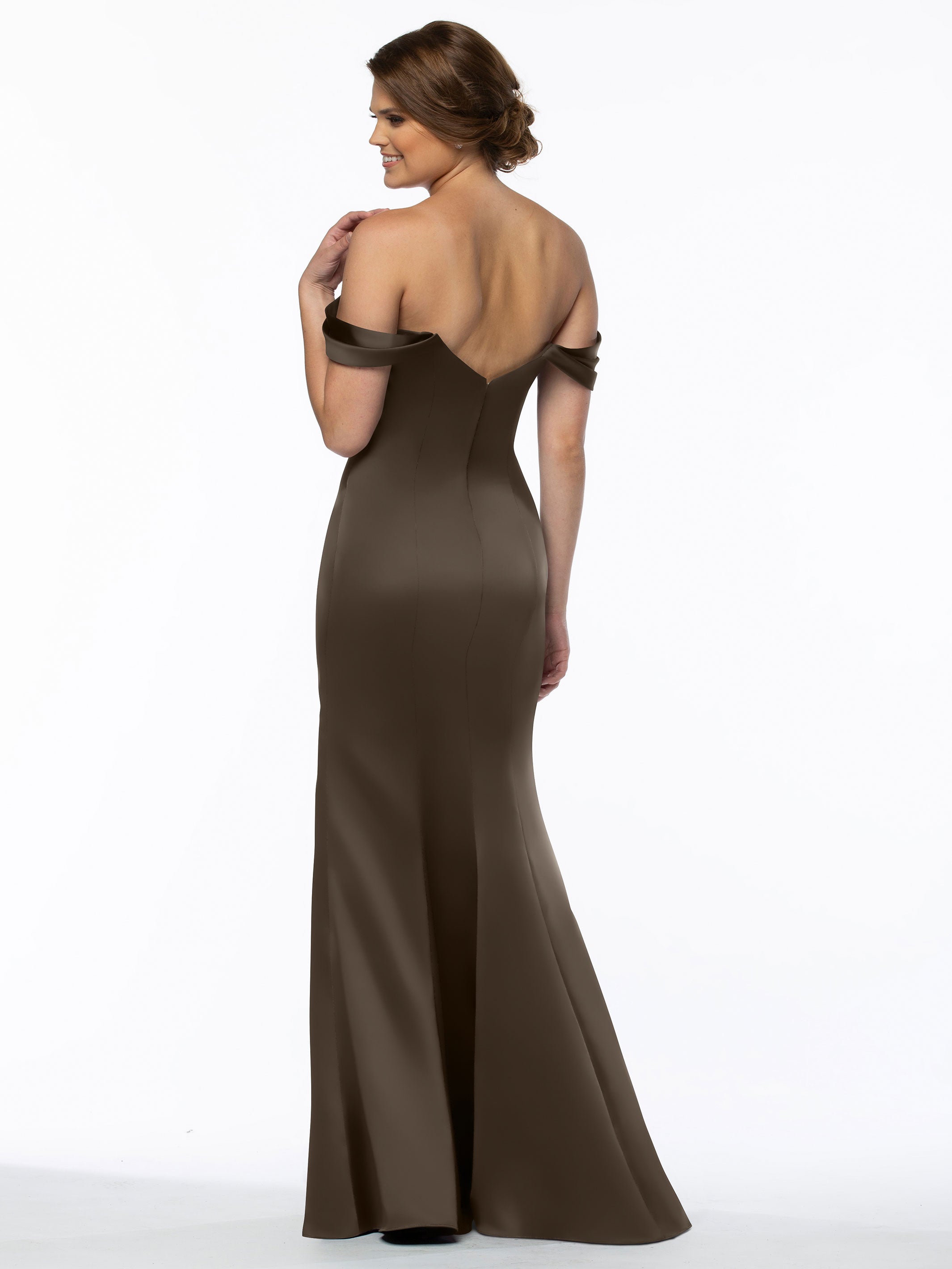 Elegant 80151 Fitted Satin Bridesmaid Dress with Off-The-Shoulder Sleeves - Perfect for Weddings, Formal Events & Special Occasions