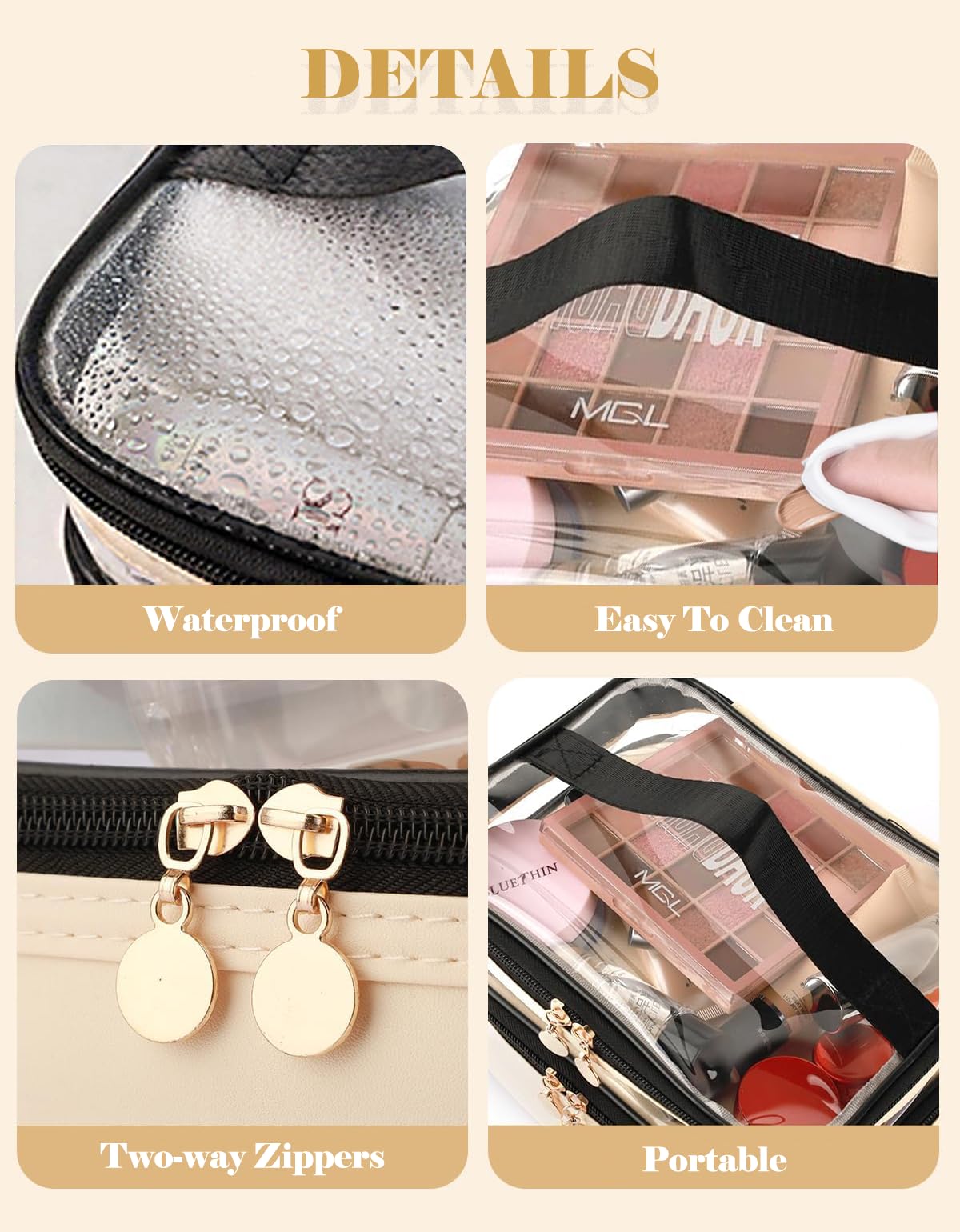 Double Layer Clear Waterproof Makeup Bag with Handle - Travel Cosmetic Organizer for Women, Girls Toiletry Case for Bottles, Brushes & Skincare Products - Perfect for Travel, Gym & Daily Use (White)