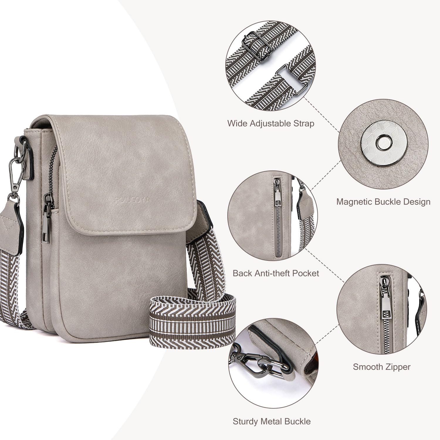 POIUGOYA Women's Small Leather Crossbody Bag - Trendy Triple Compartment Phone Purse with Card Slots & RFID Protection | Perfect for Travel, Shopping, and Everyday Use