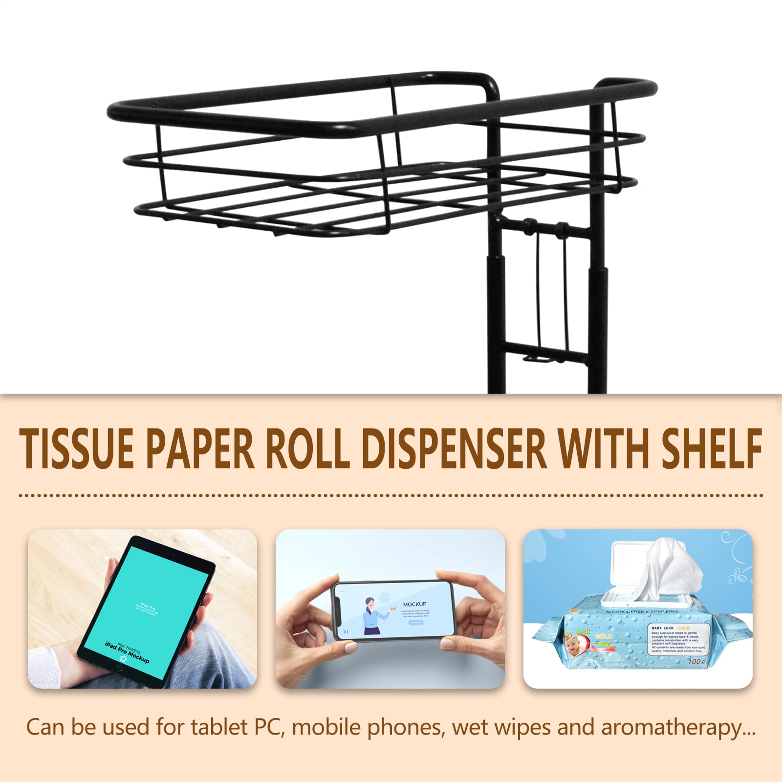 Sturdy Black Toilet Paper Holder Stand with Raised Base & Top Shelf - Bathroom Tissue Roll Dispenser & Storage Organizer for Home, Apartment, RV, and Office Use