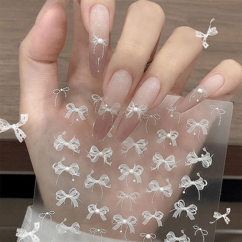 3D White Lace Bowknot Nail Stickers with Rhinestones - T355 #01 for Manicure, Nail Art, and Special Occasions