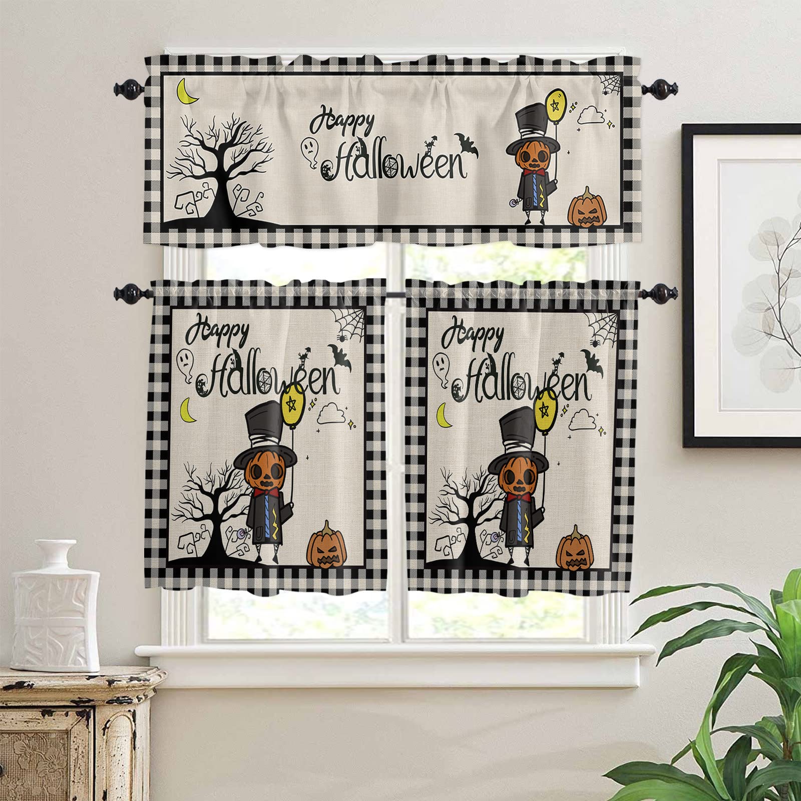 Halloween Kitchen Curtains Set - Farmhouse Black Plaid Fall Pumpkin Burlap Window Treatment with Rod Pocket, 54 x 18 inch + 27.5 x 24 inch x 2, Perfect for Seasonal Decor, Bedroom & Kitchen Windows