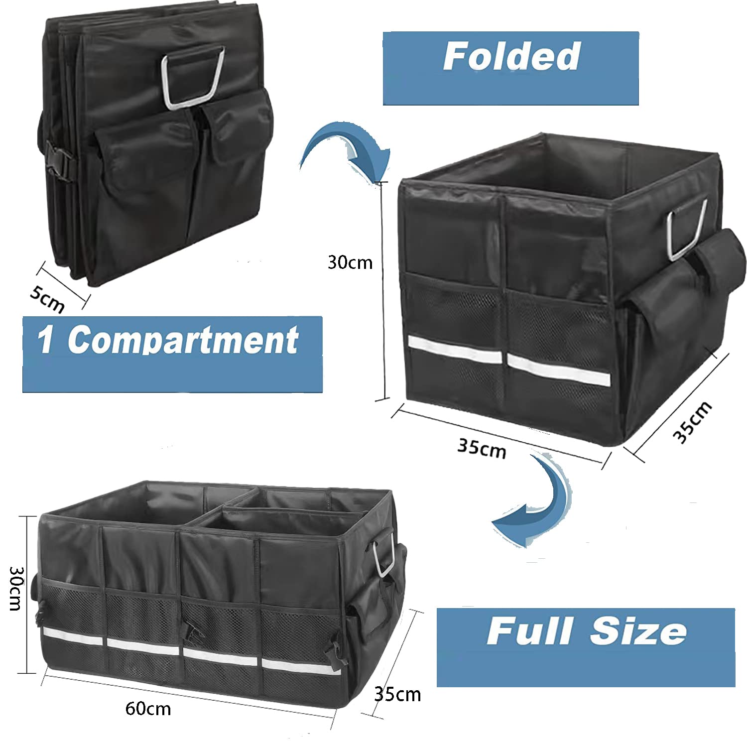 Collapsible SUV Trunk Organizer with Aluminum Alloy Handle & Reflective Strip - Multi-Compartment Car Storage Solution for Travel, Groceries, and Road Trips