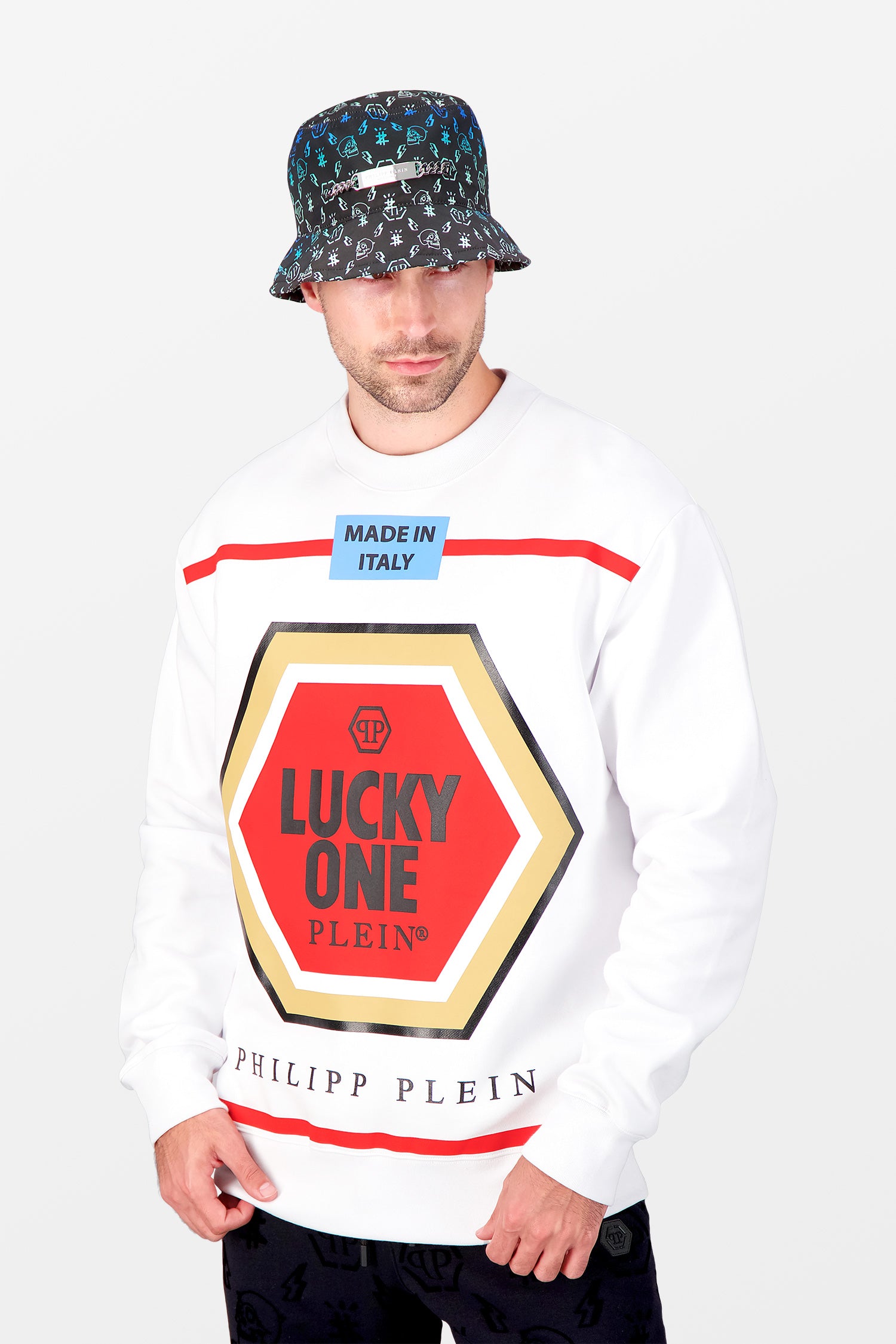 Philipp Plein White Long Sleeve Lucky One Print Sweatshirt for Men - Trendy Graphic Hoodie for Casual Wear & Street Style Outfits