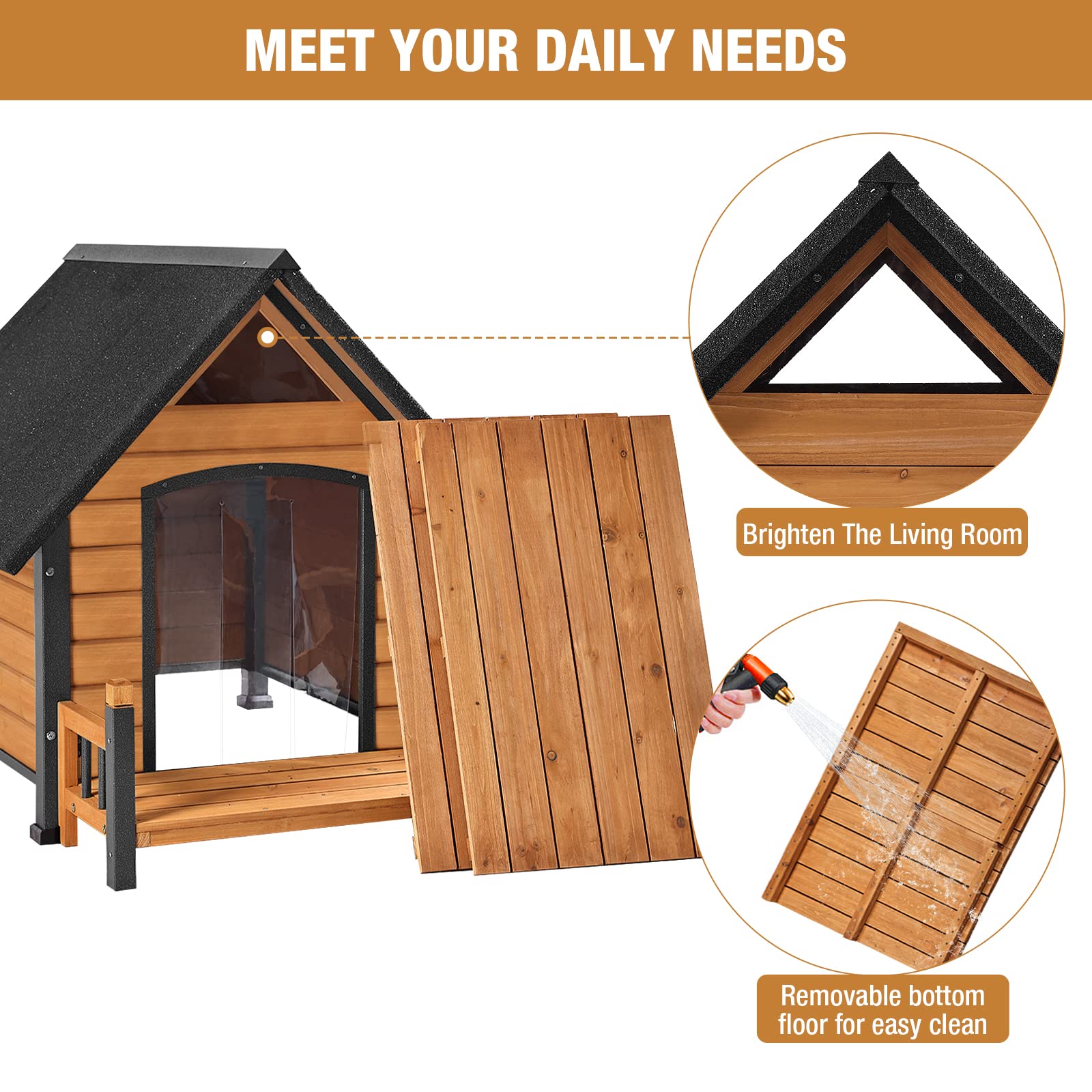 Sturdy Anti-Bite Metal Iron Frame Wooden Dog House - Weatherproof Outdoor/Indoor Kennel for Small, Medium & Large Dogs (Brown) - Perfect for Backyard, Patio, Garden & Indoor Pet Shelter