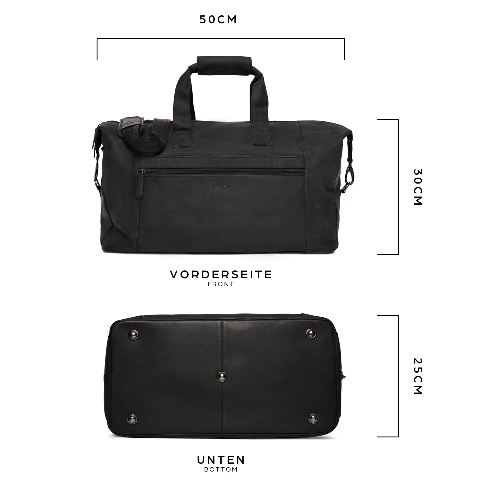 Leabags Genuine Leather Weekender Bag - 41L Premium Travel Duffle for Gym, Sports & Airplane - Large Natural Black Carryall for Women & Men - Perfect for Weekend Getaways, Business Trips & Workout Sessions