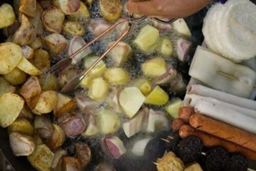 Vintage Street Market Scene - Fried Potatoes & Snacks on Grill in Old Town Lijiang, Yunnan China - Panoramic Wall Art Poster Print (36x24 Inches) - Perfect for Kitchen Decor, Asian Restaurant Theme, or Travel Enthusiast Gifts