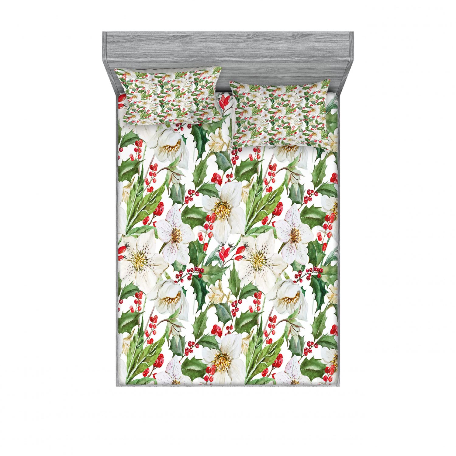 Ambesonne 2-Pack Watercolor Poinsettia Fitted Sheet & Pillow Sham Set - Full Size 4-Piece Bedding Decor (2 Fitted Sheets + 4 Pillow Covers) in Vermilion Yellow Green - Perfect for Christmas Decor, Guest Rooms & Cozy Bedroom Makeovers
