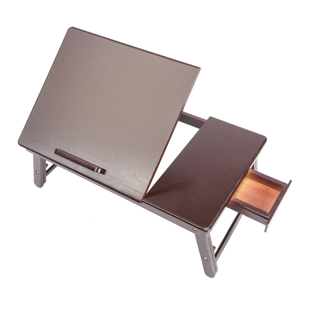 Adjustable Bamboo Lap Desk with Side Drawer - Portable Folding Laptop Tray for Breakfast in Bed, Home Office & Study - Multi-Functional Workstation with Cup Holder & Storage Space - Retro Design for Comfortable Reading & Working