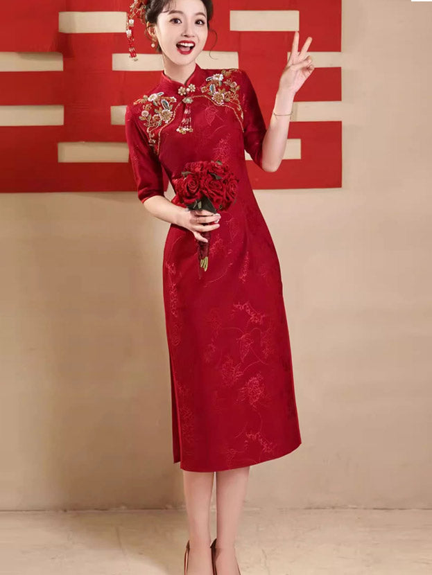 Elegant Red Jacquard Appliques Wedding Cheongsam Qipao Dress - Traditional Chinese Bridal Gown for Weddings, Parties & Special Occasions