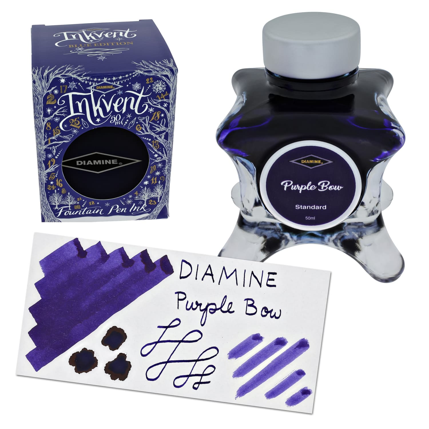 Diamine Inkvent Blue Edition Fountain Pen Ink - 50mL Bottle with Purple Bow - Perfect for Calligraphy, Journaling & Artistic Writing