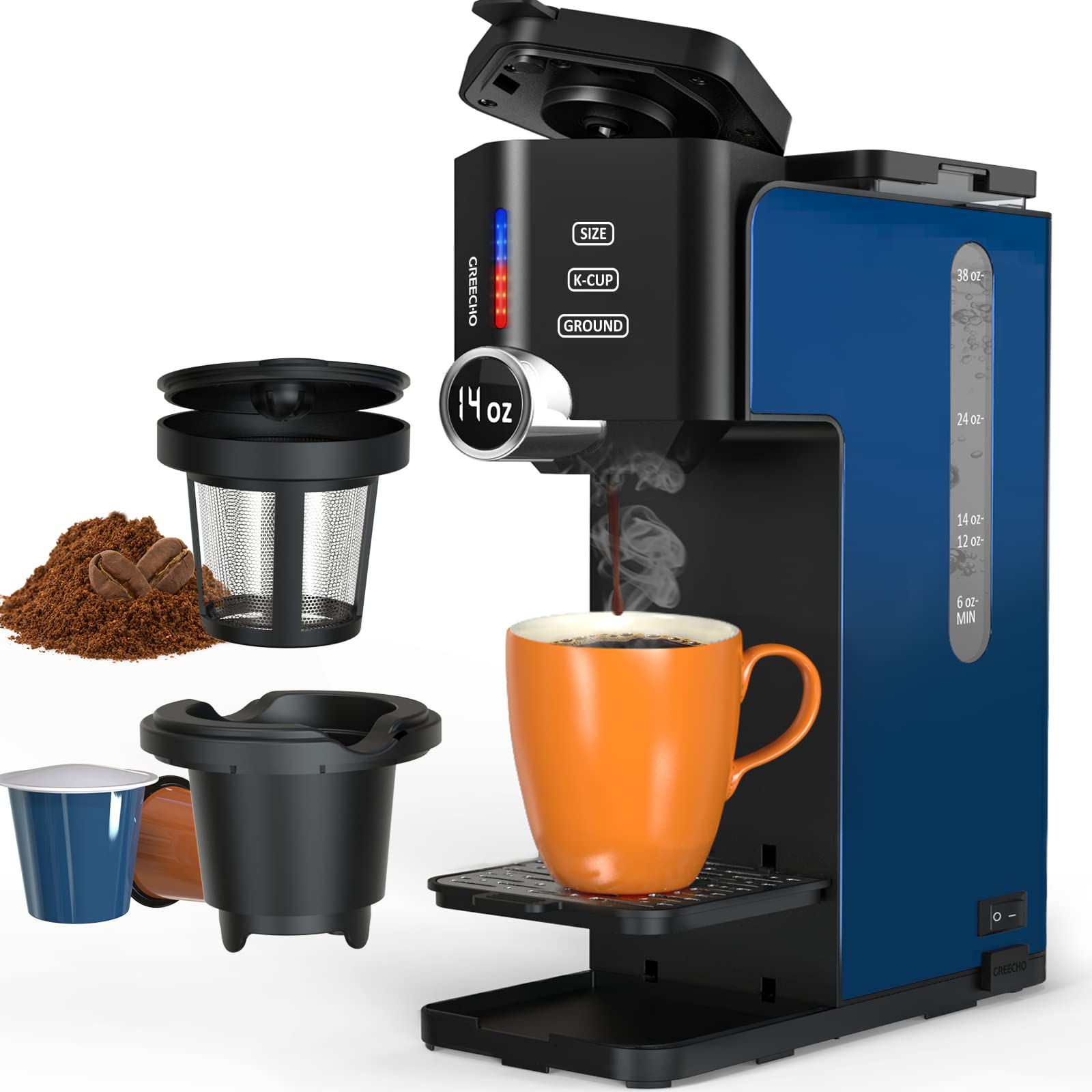 GREECHO Single Serve Coffee Maker for K-Cup, Ground Coffee & Intenso Pods - 3-in-1 Brewing System with 6-14oz Adjustable Cup Size, 48oz Water Reservoir & Digital Display - BPA-Free Navy Blue Coffee Machine for Home, Office & Dorm Use