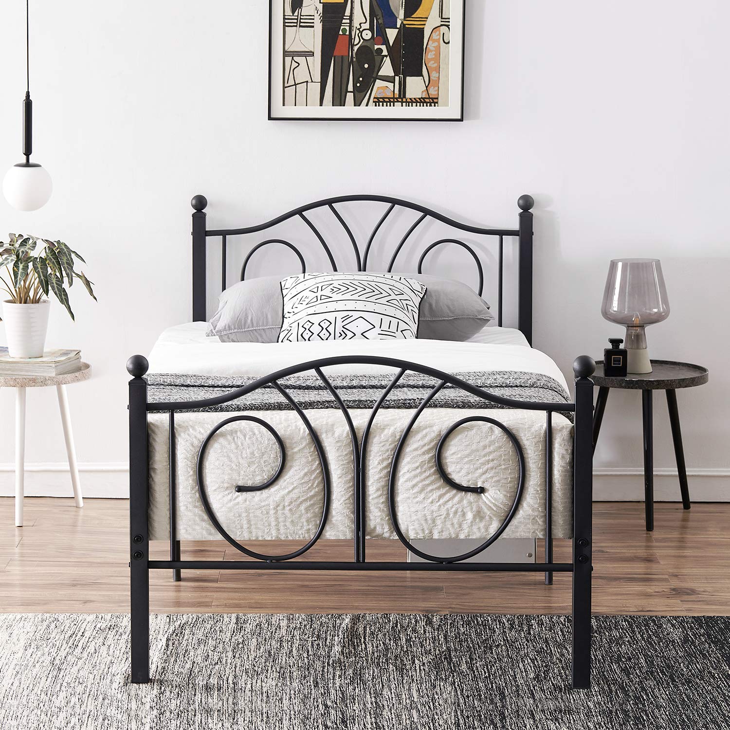 VECELO Heavy Duty Metal Platform Twin Size Bed Frame with Headboard & Footboard - No Box Spring Needed, Sturdy Iron Mattress Foundation - Easy Assembly for Bedroom, Guest Room, or Dorm