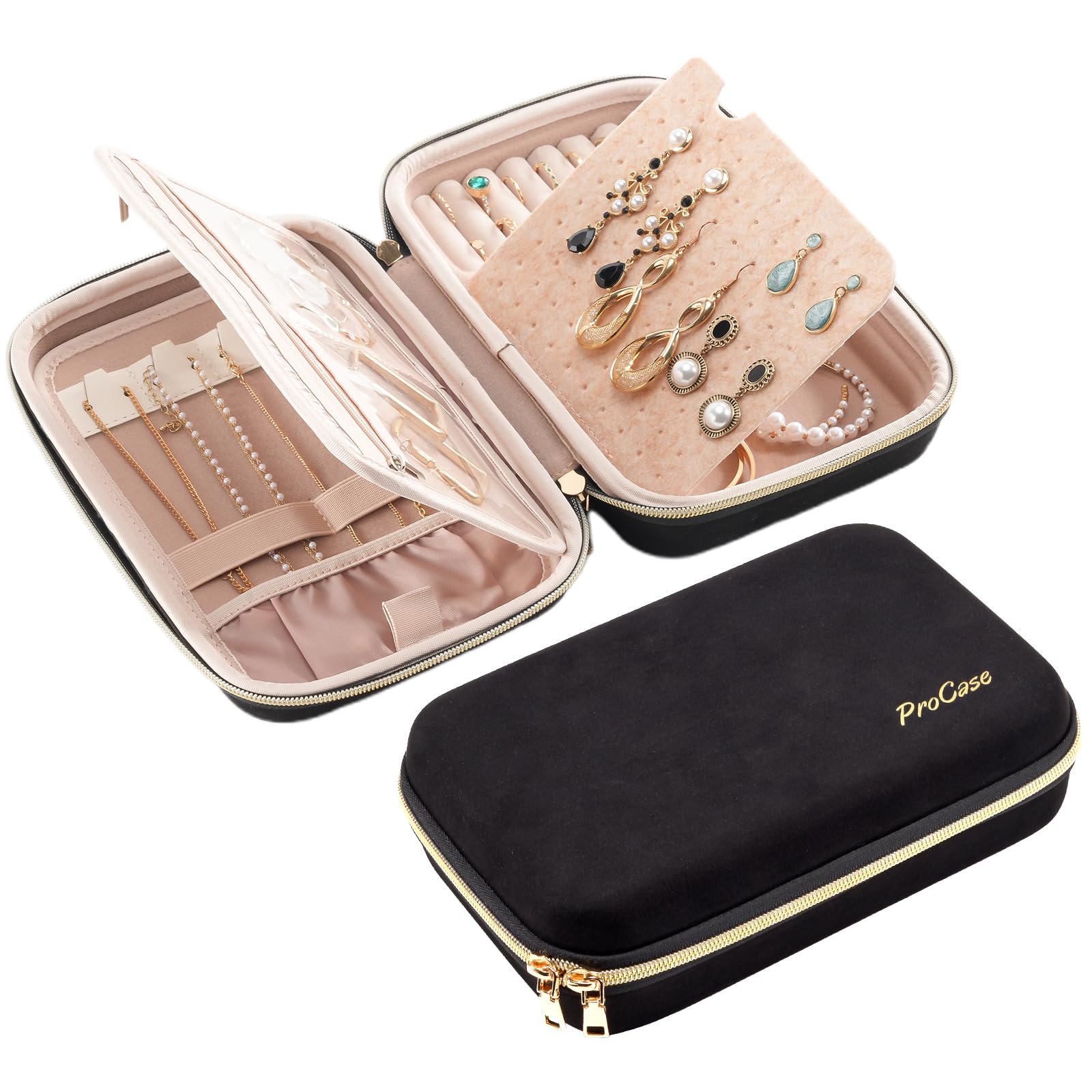 ProCase Large Travel Jewelry Organizer Case - Zippered Storage Book with Clear Pockets for Earrings, Necklaces, Bracelets - Perfect for Travel, Home Storage & Gift Presentation (Black, Non-Loose Leaf)