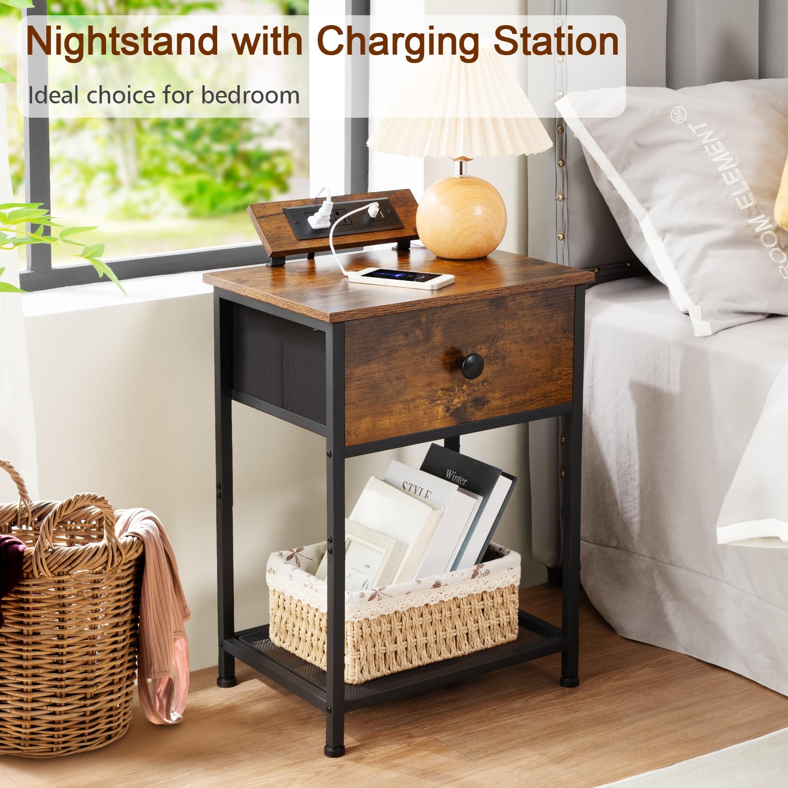AMHANCIBLE Night Stand Set of 2 - Modern End Tables with Charging Station & Fabric Storage Drawer, Slim Bedside Tables for Small Spaces - Perfect for Bedroom, Living Room, or Office (Brown, HET03SDPBR)