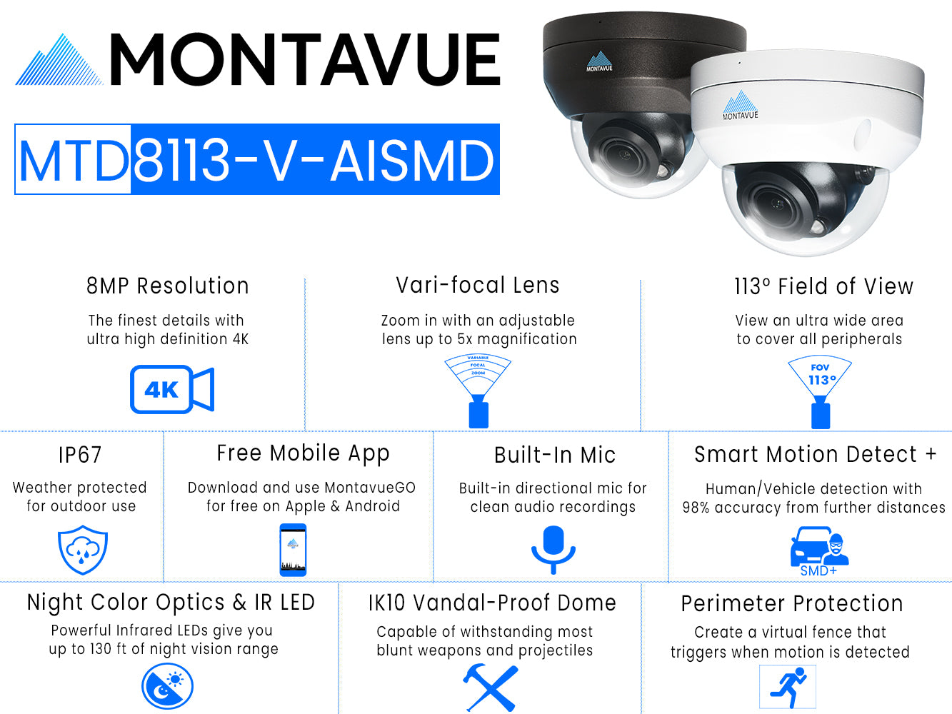 8MP 4K Varifocal IK10 Dome Security Camera with Smart Motion Detection - Outdoor/Indoor Surveillance for Home, Business & Warehouse Security (Model MTD8113 V AISMD)