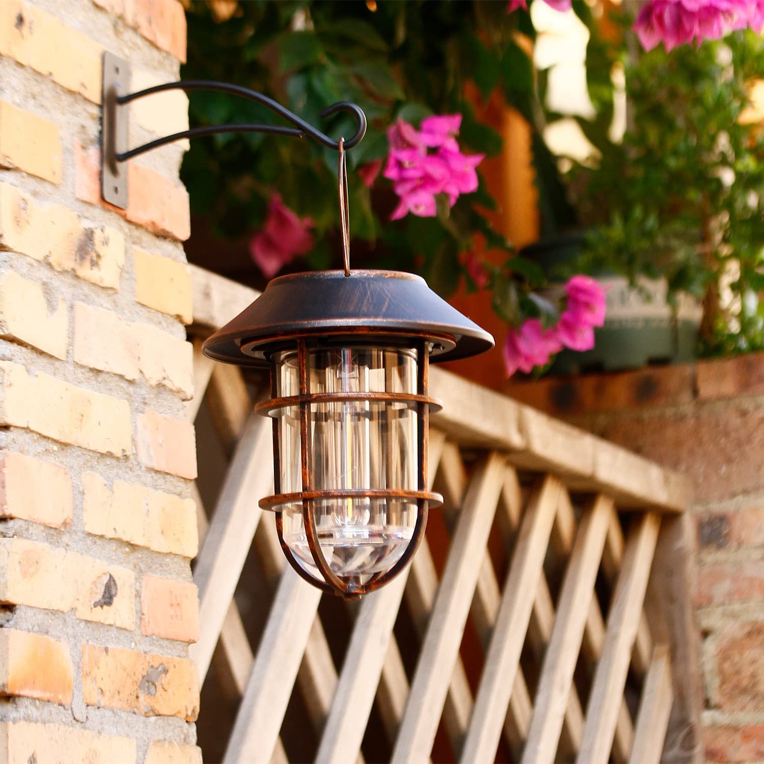 Outdoor Solar Lantern with LED Edison Bulbs - Waterproof Metal Hanging Solar Light with Clear Glass & Aluminum Hook - Bronze Decorative Wall Lantern for Patio, Garden, Porch and Backyard Lighting