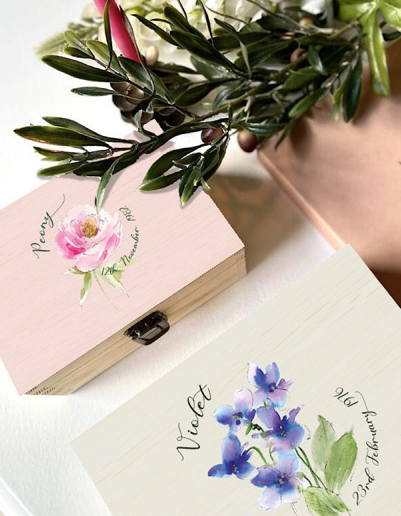 Personalized Birth Flower Keepsake Box - Engraved Wooden Jewelry & Memory Storage for Birth Month Gifts, Anniversary, Wedding, Baby Shower - Perfect for Home Decor & Sentimental Gift Giving