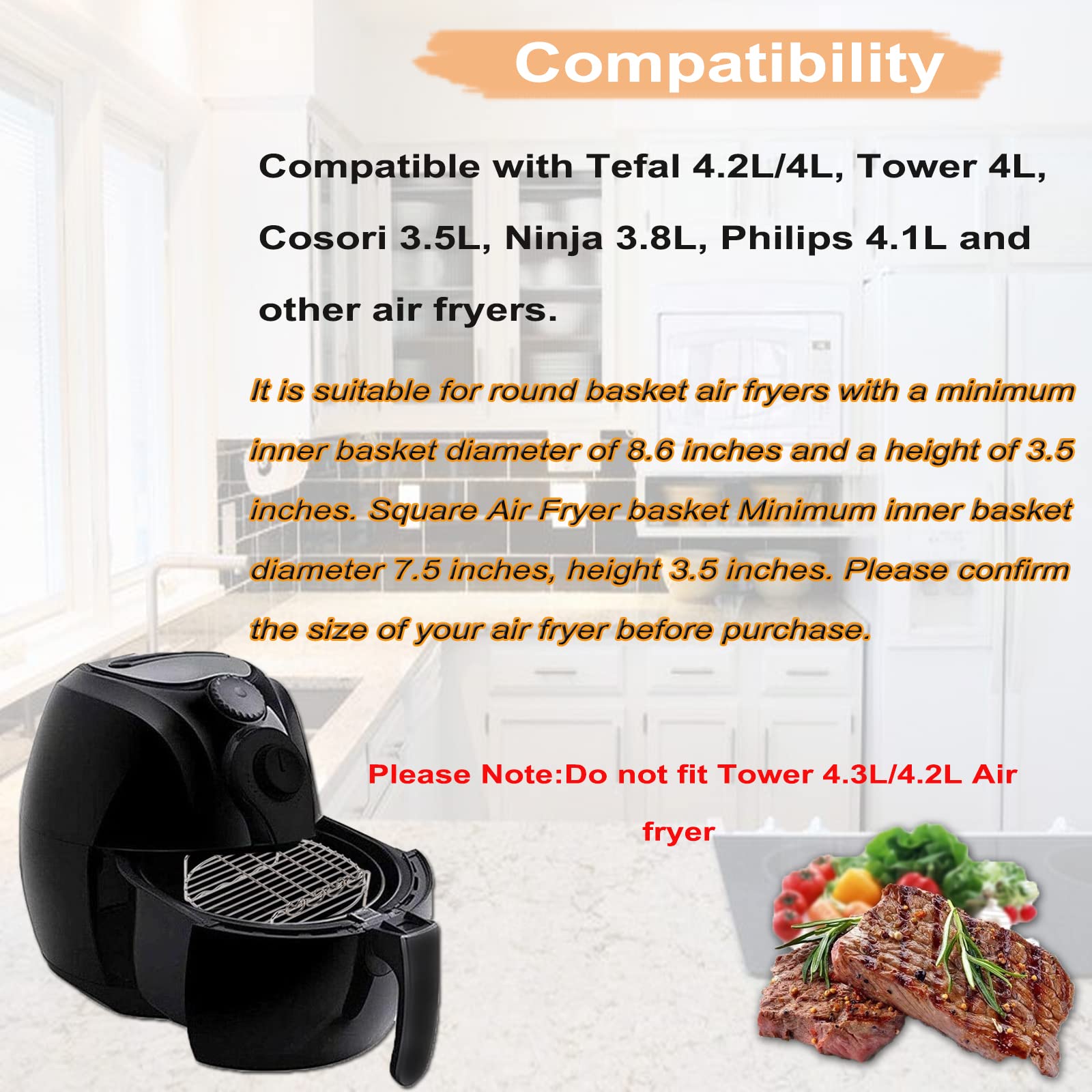 Universal Air Fryer Rack - 304 Stainless Steel Double Layer with 4 Skewers - Compatible with Tefal 4.2L, Cosori 3.5L/3.8L, Salter 4.5L, Tower 4L, Ninja 3.8L & Philips 4.1L Air Fryers - Perfect for Cooking Chicken Wings, Kebabs and Vegetables