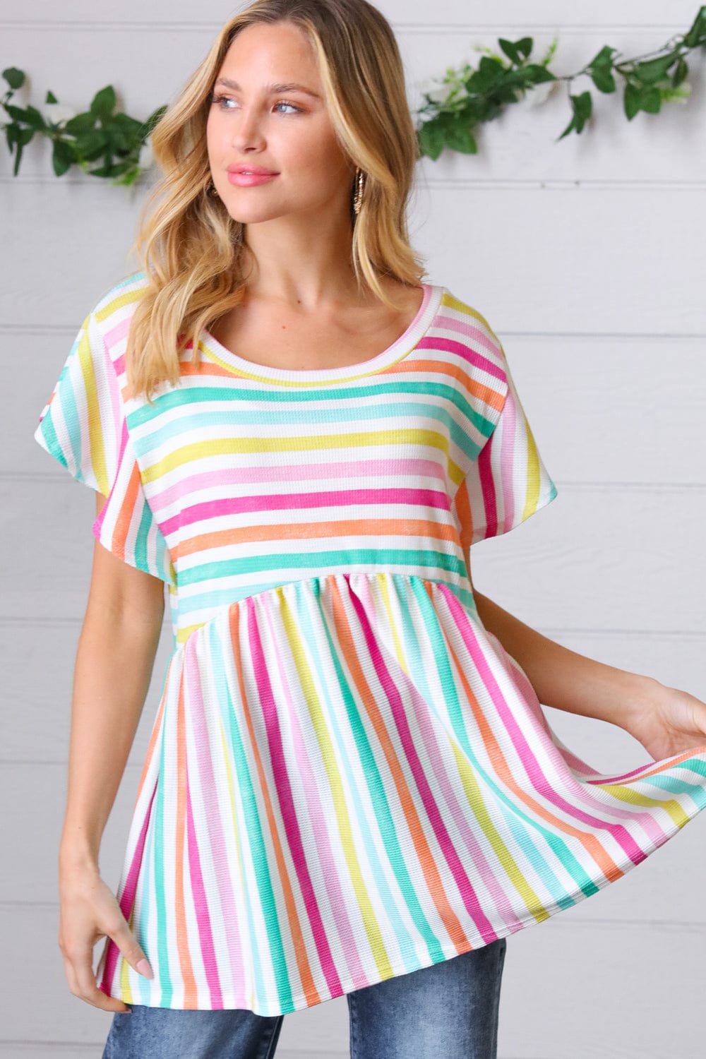 Lavender Rainbow Stripe Babydoll Top - Cute Flowy Summer Crop Top for Women, Perfect for Beach, Music Festivals & Date Nights