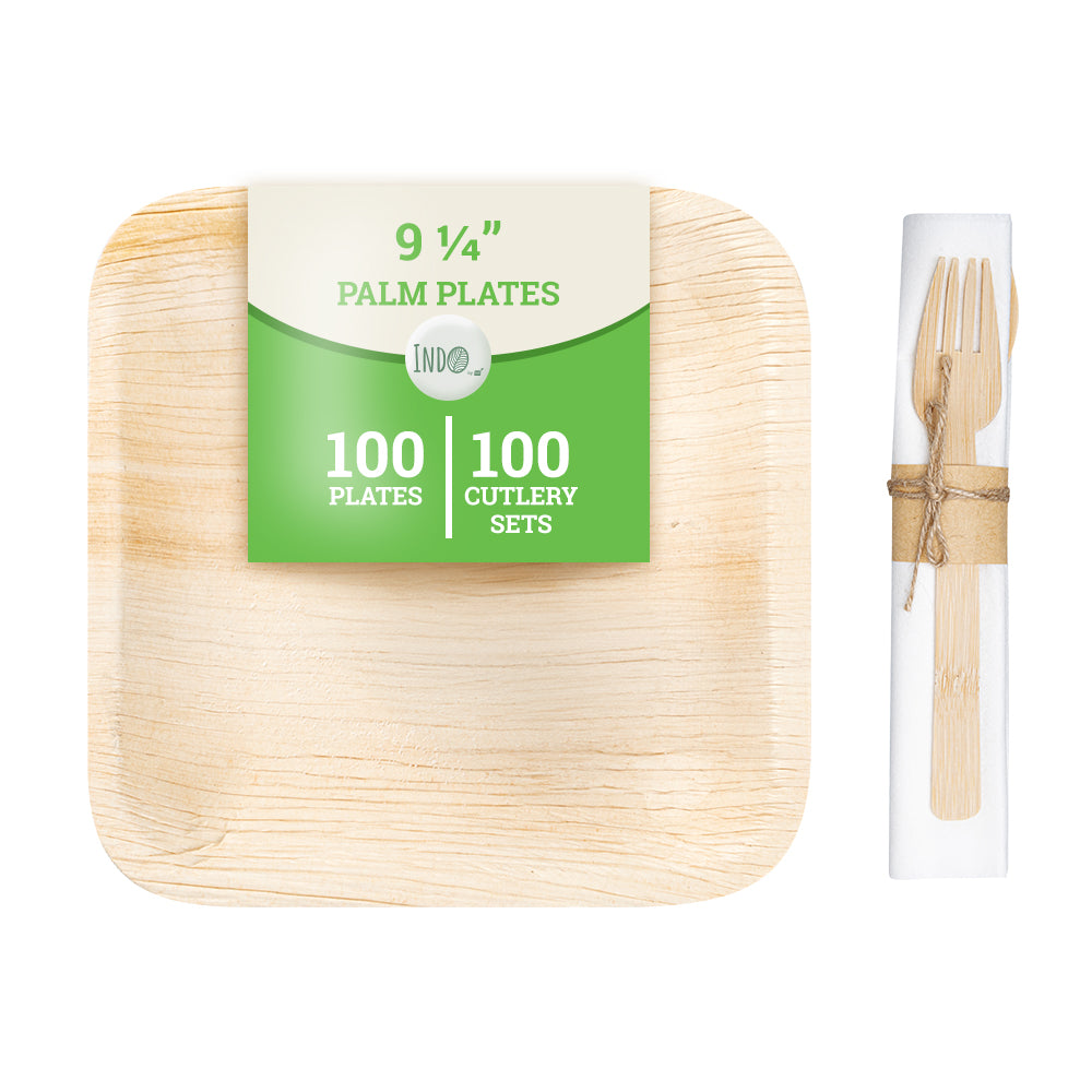 Eco-Friendly 100-Pack Natural Palm Leaf Plates & 100-Piece Bamboo Disposable Flatware Set - Biodegradable Dinnerware for Parties, Picnics, Weddings & Sustainable Events