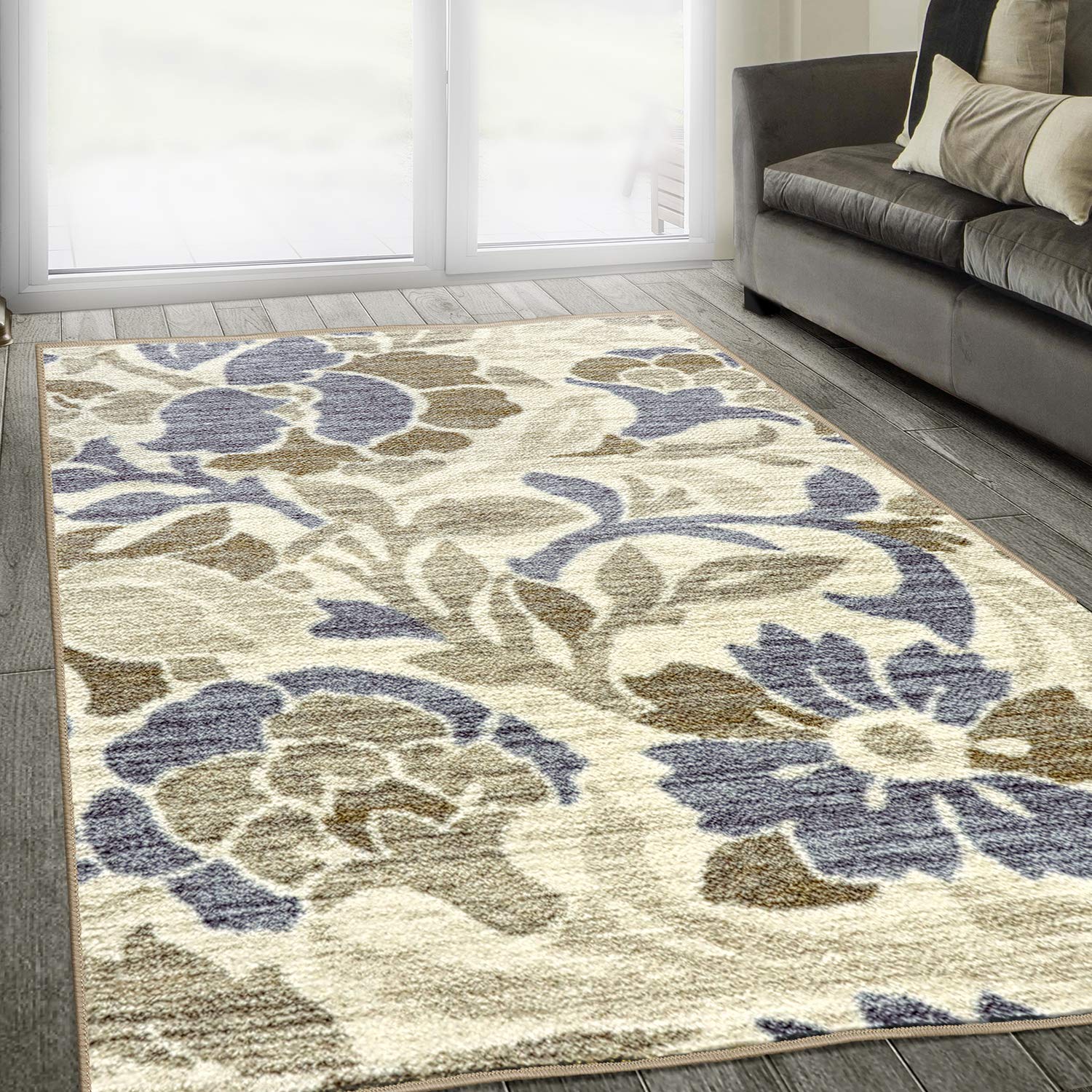 Blue Nile Mills 5' x 8' Ivory Geometric Non-Slip Washable Indoor Area Rug - Durable Skid-Proof Foam Backing, Patchwork Color-Block Design for Living Room, Bedroom & Office Decor