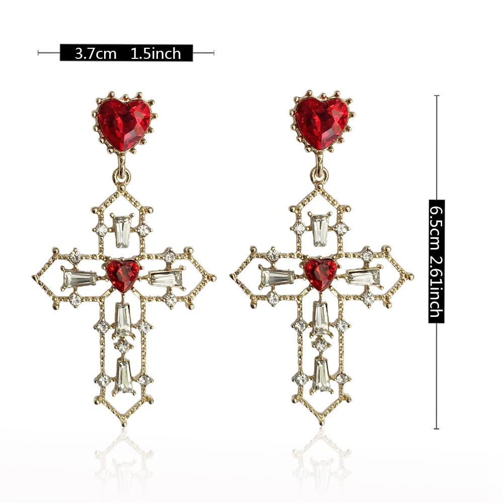 Stylish Gold Cross Red Heart Earrings with Sparkling Crystals - Baroque Hollow Drop Dangle Earrings for Women & Teens - Perfect for Parties, Night Out, and Gift Giving