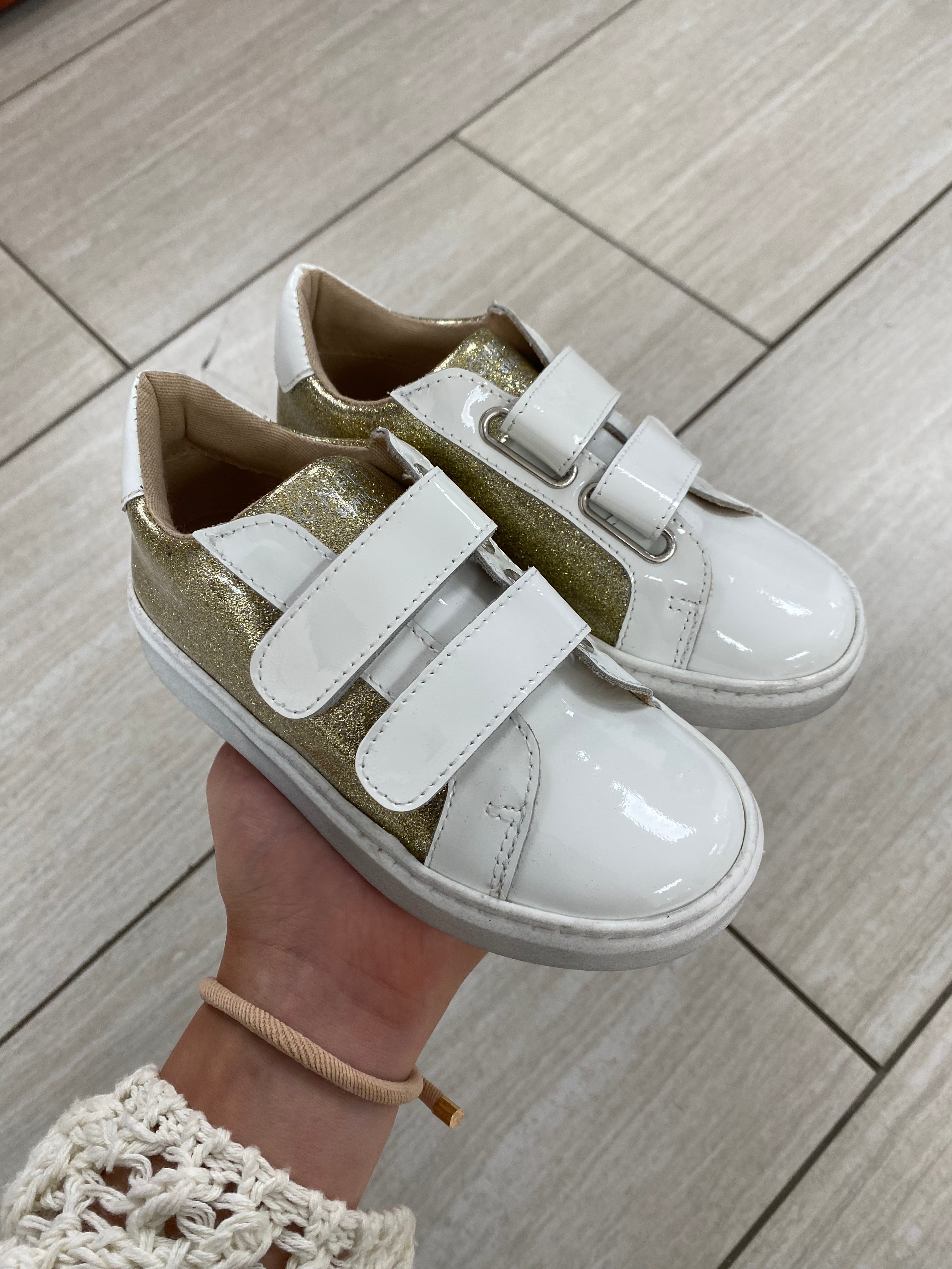 White and Gold Patent Leather Confetti Sneakers - Stylish Women's Fashion Shoes for Parties, Weddings & Special Occasions