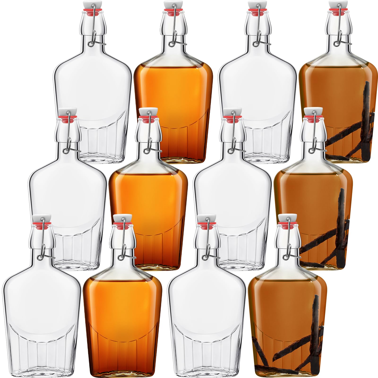 12-Piece Whiskey Glass Flask Set with Swing Top - 12oz Vanilla Extract Bottles for Homemade Liquor, Lemoncello, Kombucha & Water Kefir - Perfect for Christmas Gifts & Wedding Favors - Durable Glass Bottles for Cocktails, Infusions & DIY Beverages