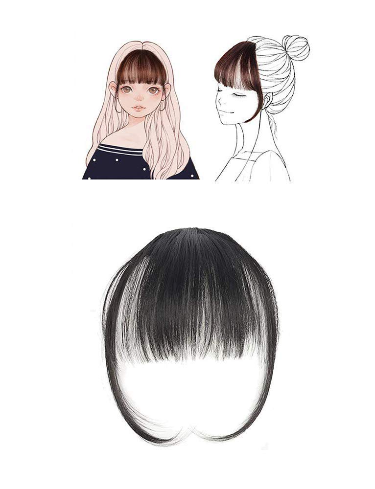 D-DIVINE Clip On Clip In Front Hair Bang Fringe Hair Extension Piece - Thin Natural Black Hair Extensions for Women & Girls - Perfect for Daily Wear, Cosplay & Hairstyle Transformations