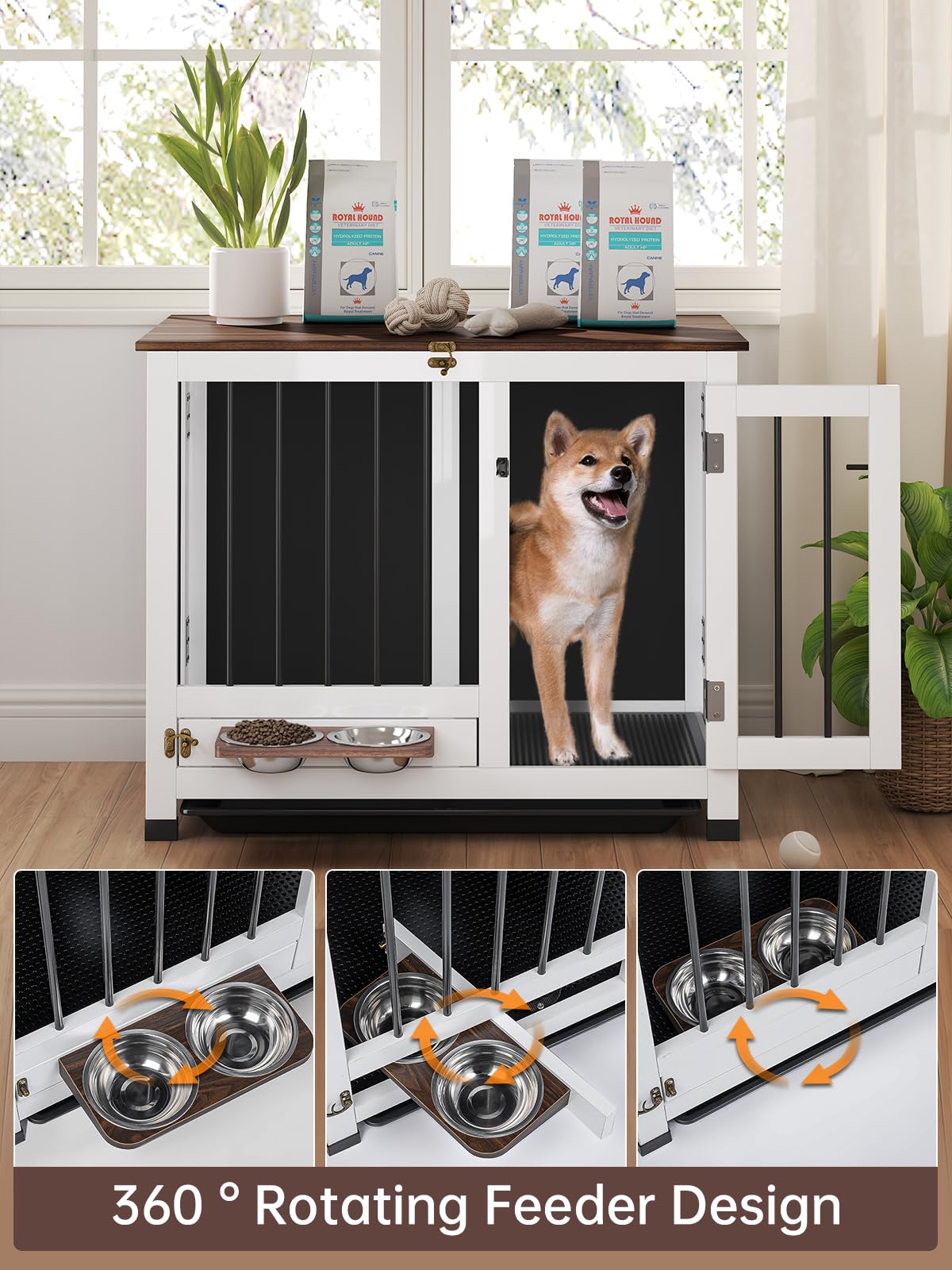 31.5'' Wooden Dog Crate Furniture - Foldable Indoor Kennel End Table with 360° Rotating Feeder & Detachable Tray | Sturdy Portable Pet Crate for Small & Medium Dogs | Perfect for Living Room, Bedroom & Home Decor